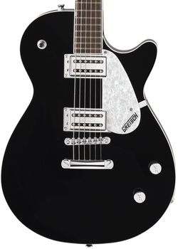 Black electric guitar with a single cutaway, chrome hardware, two humbucker pickups, three control knobs, and a white pearloid pickguard labeled Gretsch.