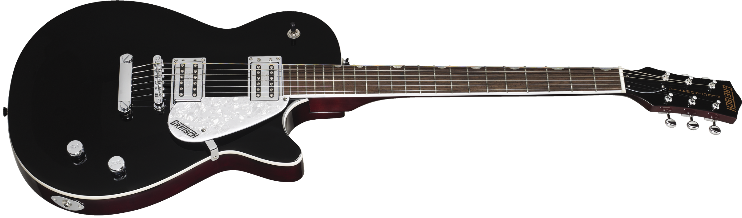 Glossy black electric guitar with chrome hardware, two humbucker pickups, three control knobs, and a white Gretsch-branded pickguard.