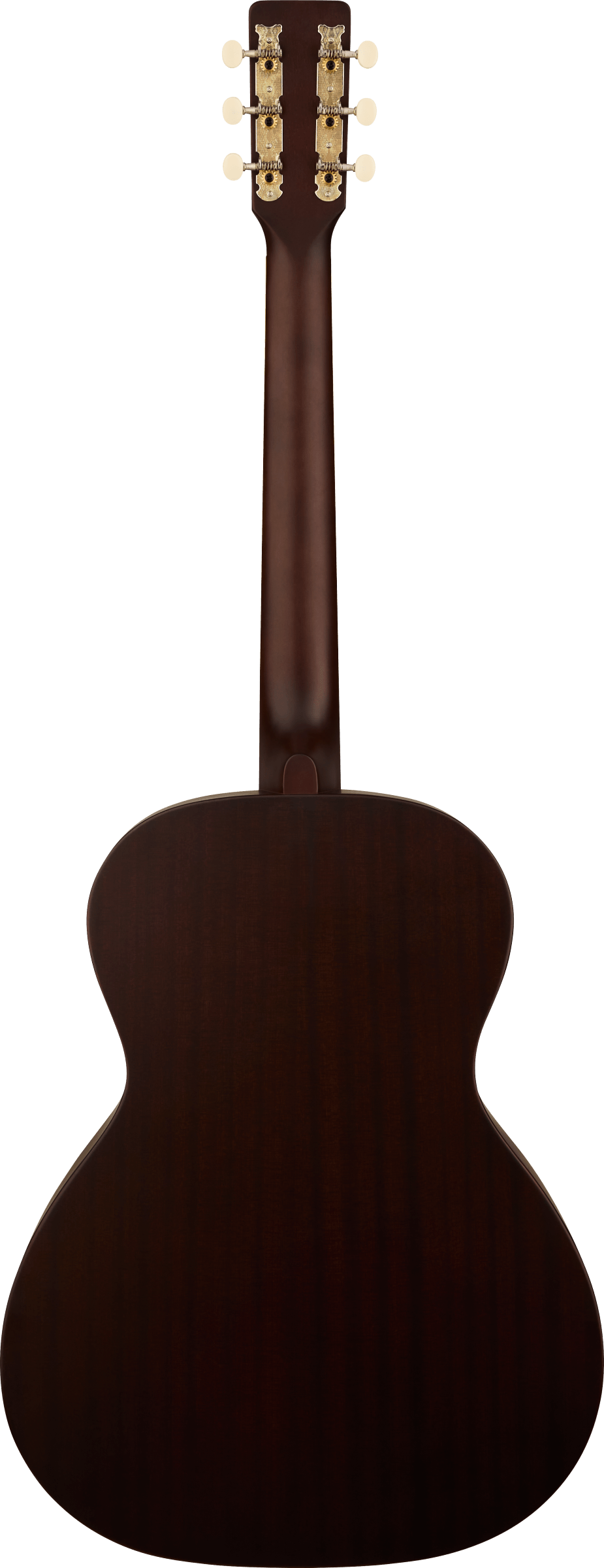 Guitare acoustique marron vue de dos, mécanique dorée et boutons crème, corps bombé et large, finition bois sombre sans décor visible.