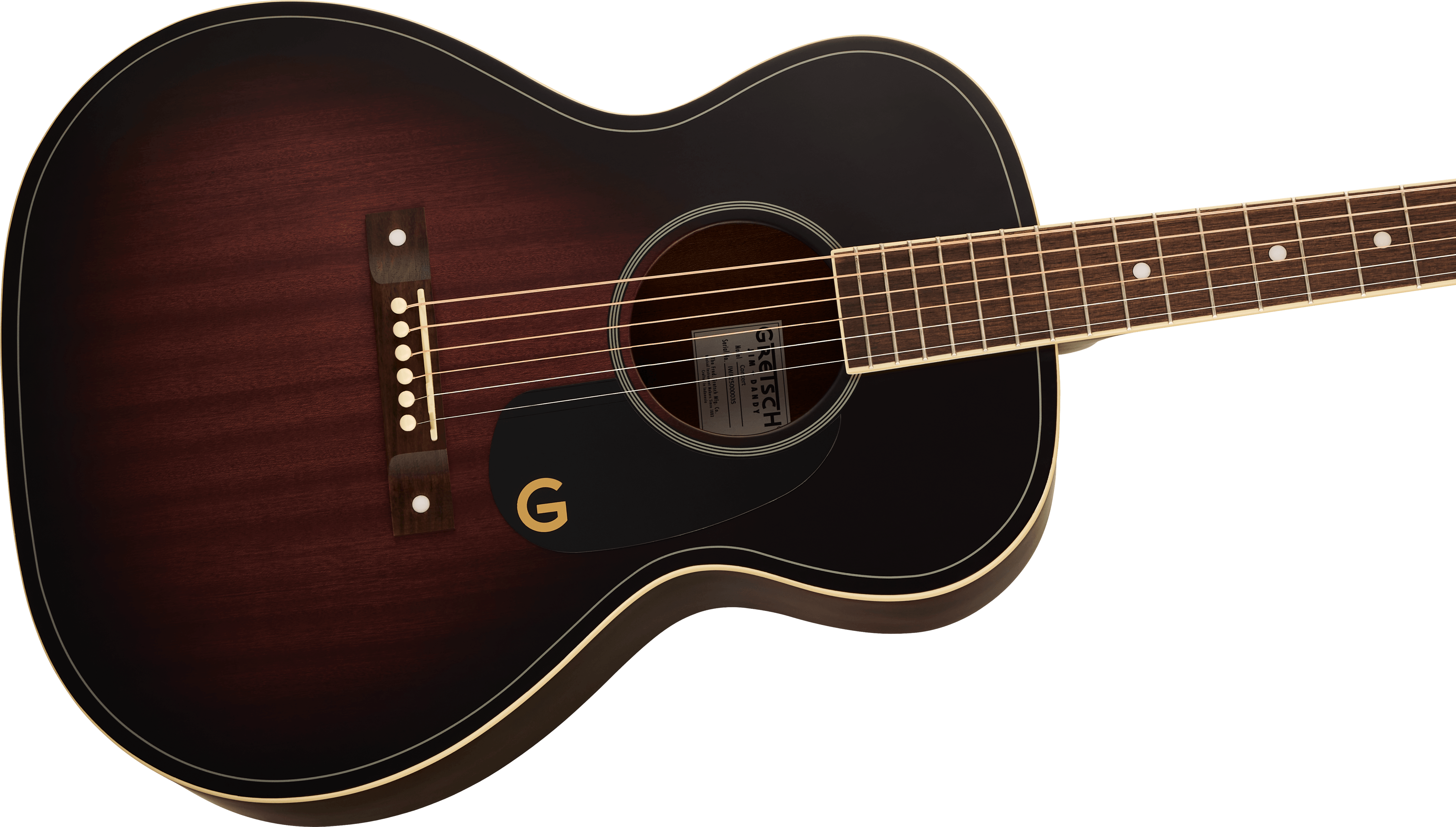 Guitare acoustique forme parlor, table brun soleil dégradé, pickguard noir orné d’un G doré, six cordes, repères ronds sur la touche.