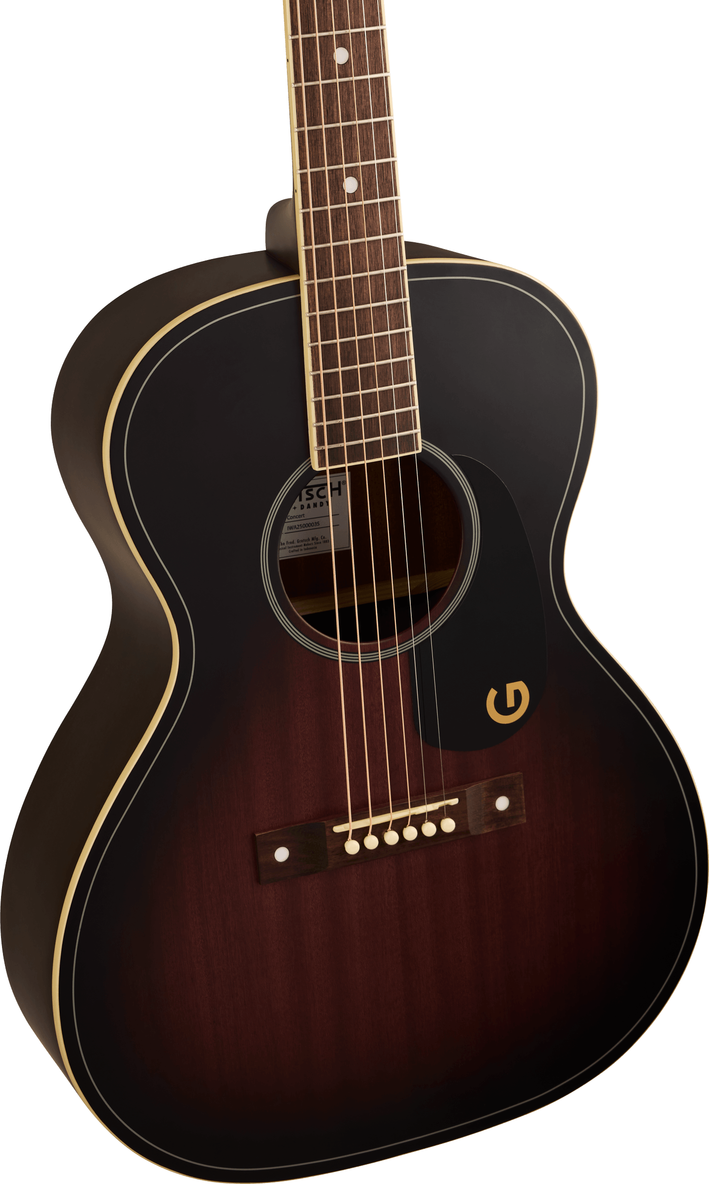 Guitare acoustique à caisse sombre, contours crème, rosace décorative et pickguard noir orné d’un logo doré. Six cordes et touche en bois clair.
