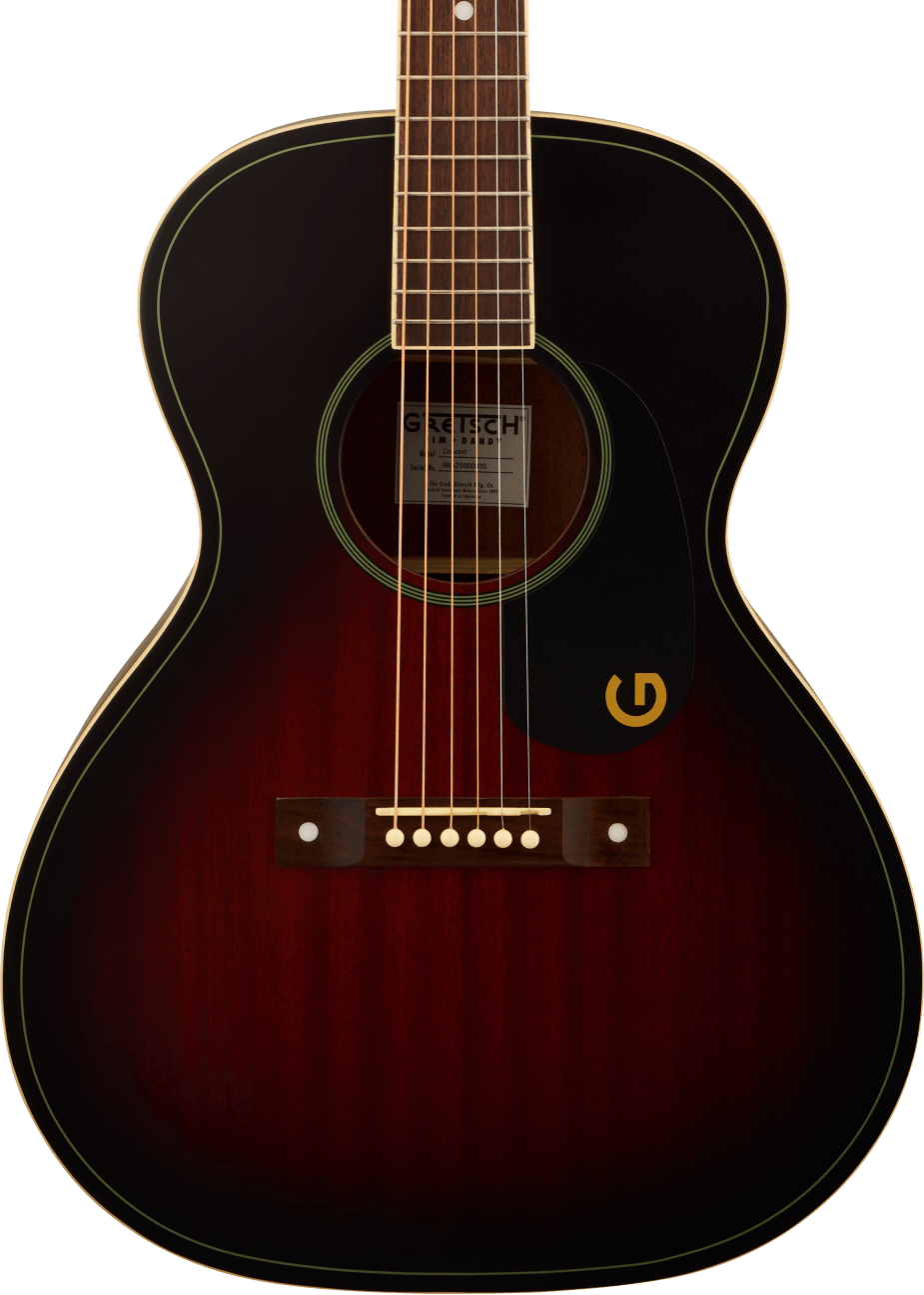 Guitare acoustique petite, forme arrondie, bois foncé avec dégradé rouge, filets clairs, pickguard noir orné d’un logo rond doré.