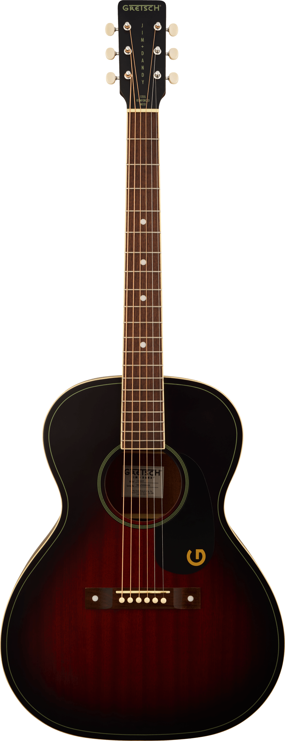 Guitare acoustique de forme compacte, finition bois foncé avec filet clair, six cordes et une rosace décorée d’un petit « G » doré.