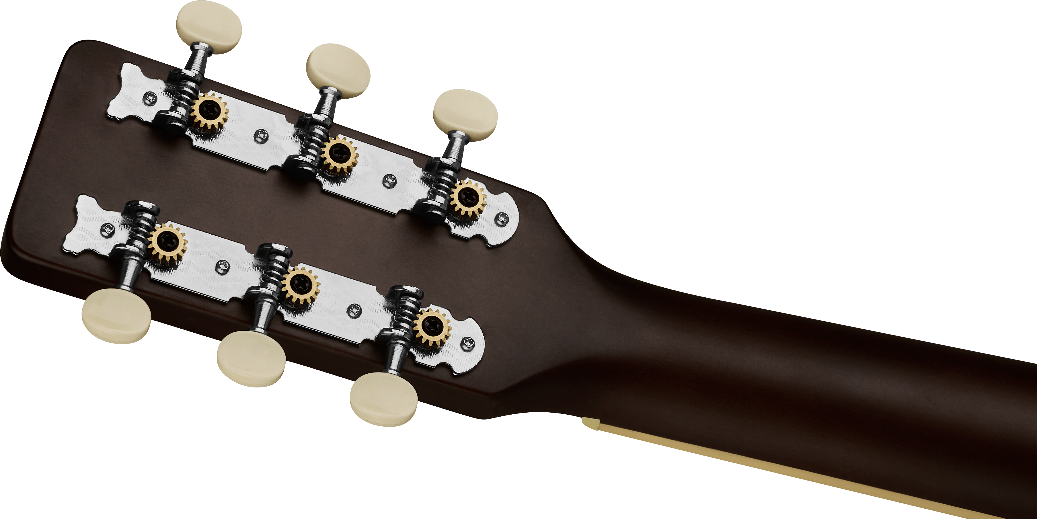 Tête de guitare acoustique vue de dos, montrant six mécaniques argentées à boutons ronds crème fixées sur le bois marron du manche.