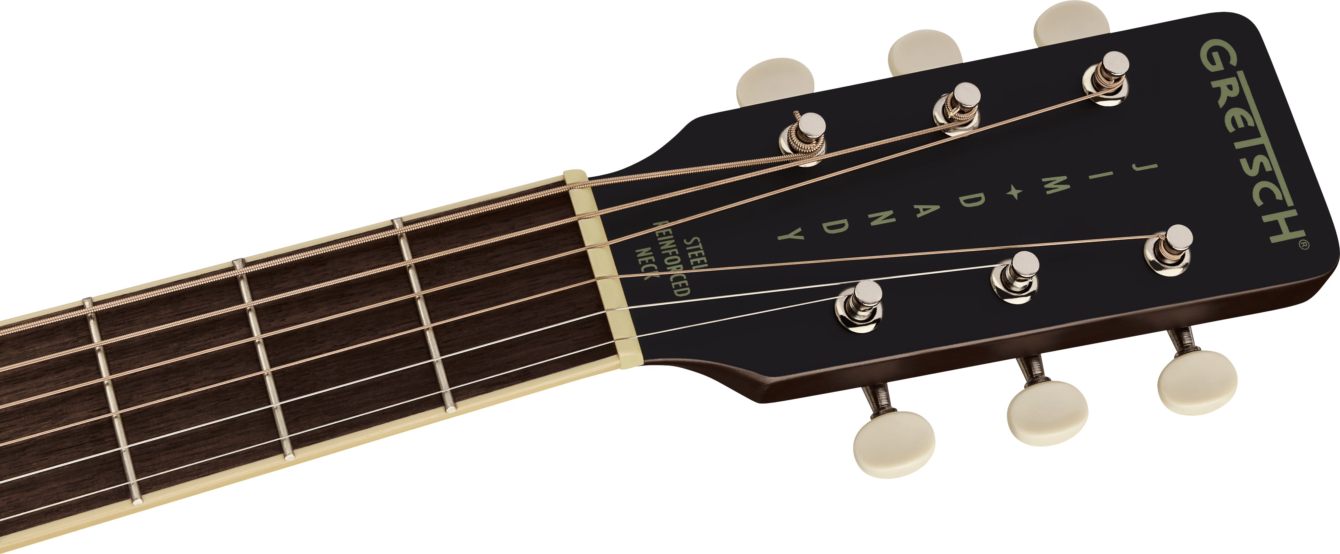 Tête et manche de guitare acoustique en bois foncé, six mécaniques argentées avec boutons blancs, logo Gretsch vert sur la tête.