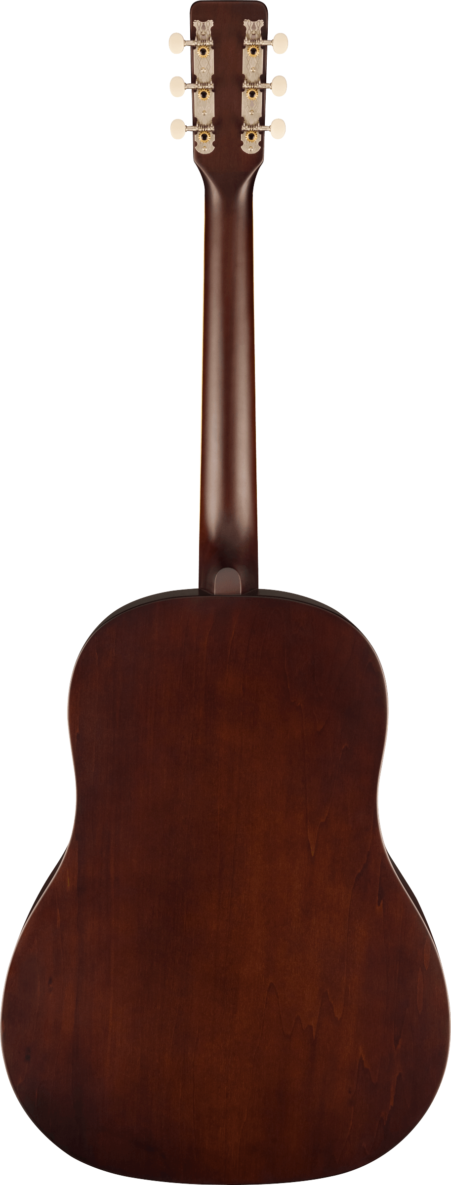 Guitare acoustique vue de dos, finition bois foncé, dos bombé et six mécaniques dorées avec boutons ovales crème.