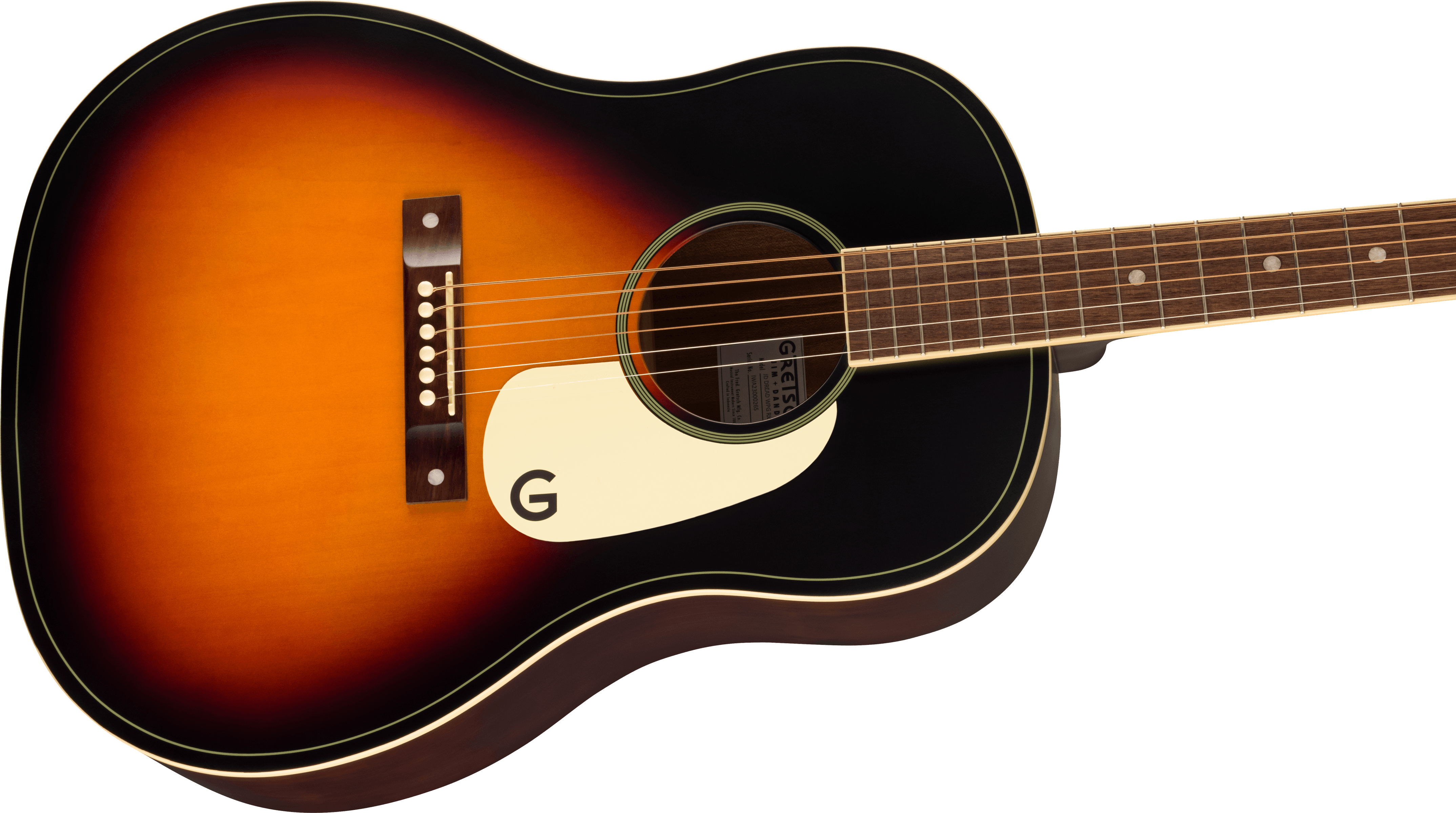 Guitare acoustique à six cordes, finition sunburst dégradée du noir au orange, avec pickguard crème marqué d’un G noir.