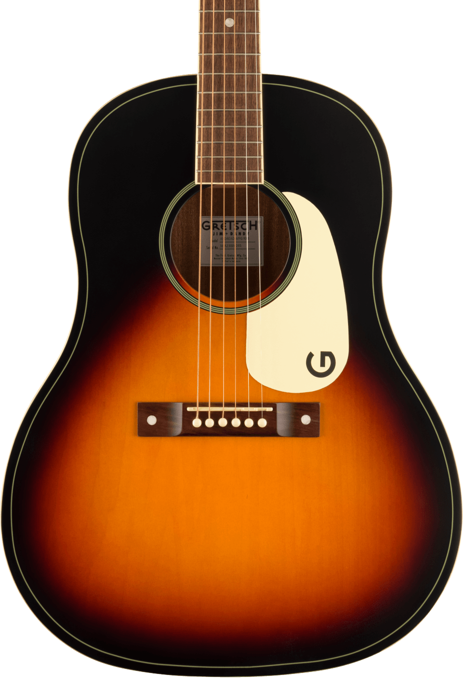 Guitare acoustique à six cordes, finition dégradée du noir au orange, plaque de protection blanche avec un “G” noir, rosace circulaire.