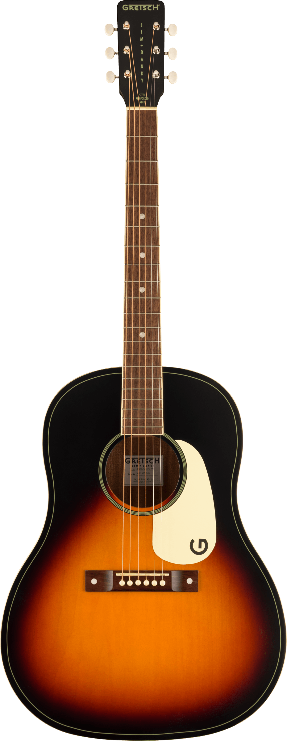 Guitare acoustique à caisse petite, finition sunburst orange et noire, pickguard blanc, six cordes, touche foncée avec repères ronds blancs.