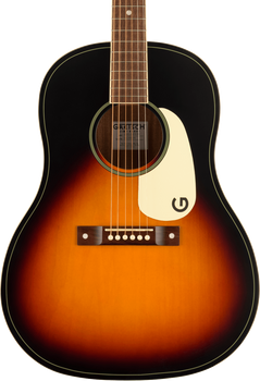 Guitare acoustique à six cordes, finition dégradée du noir au orange, plaque de protection blanche avec un “G” noir, rosace circulaire.