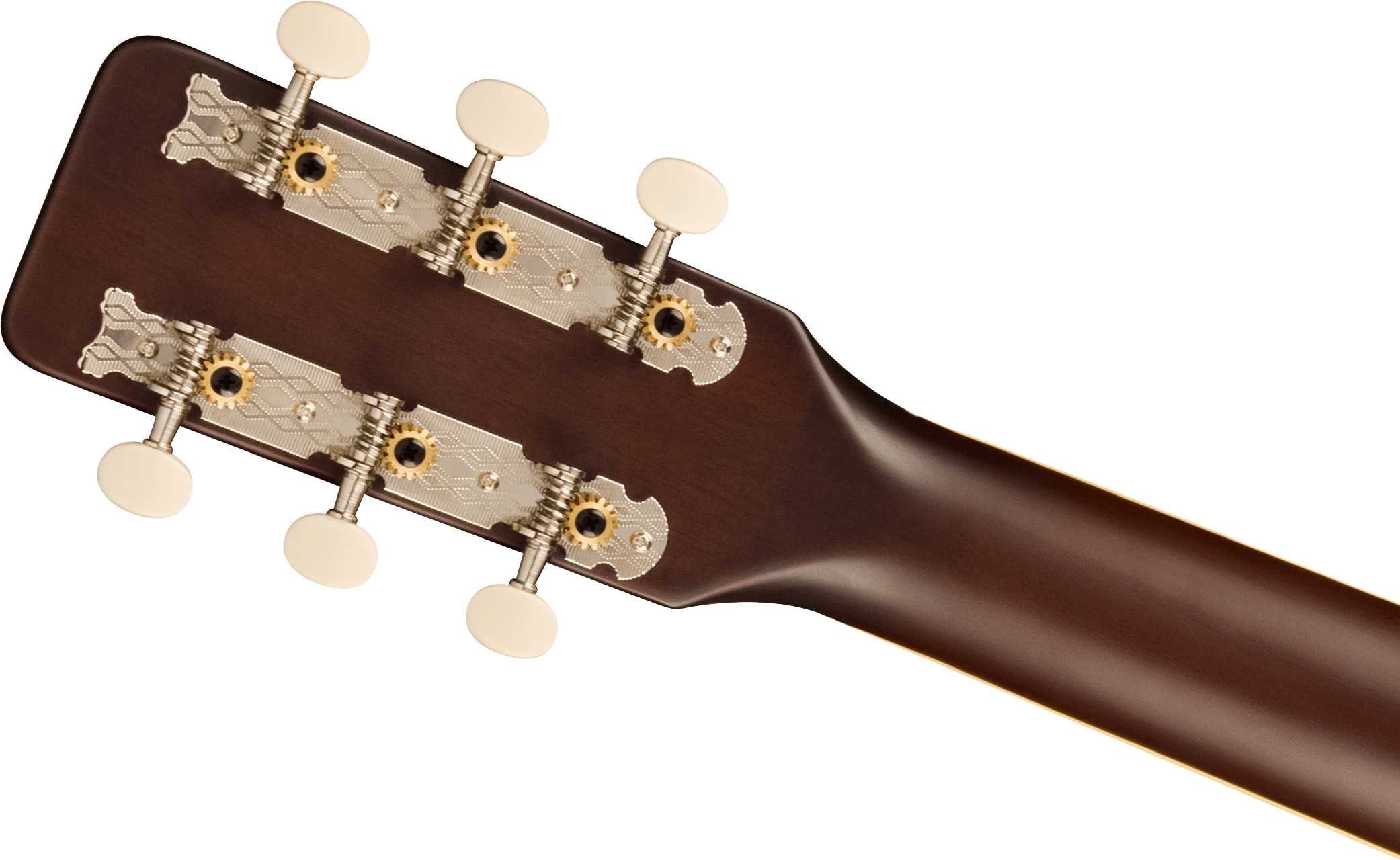Tête de guitare acoustique en bois foncé avec six mécaniques argentées et boutons ovales blancs alignés de chaque côté.