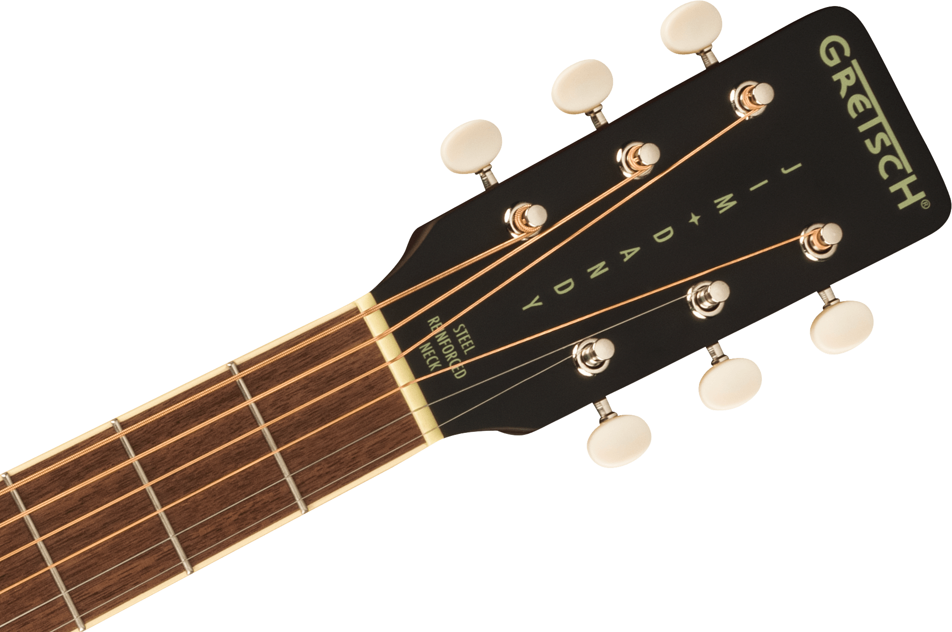 Tête de guitare acoustique Gretsch noire avec six mécaniques chromées et inscription "JIM DANDY" en lettres vertes.