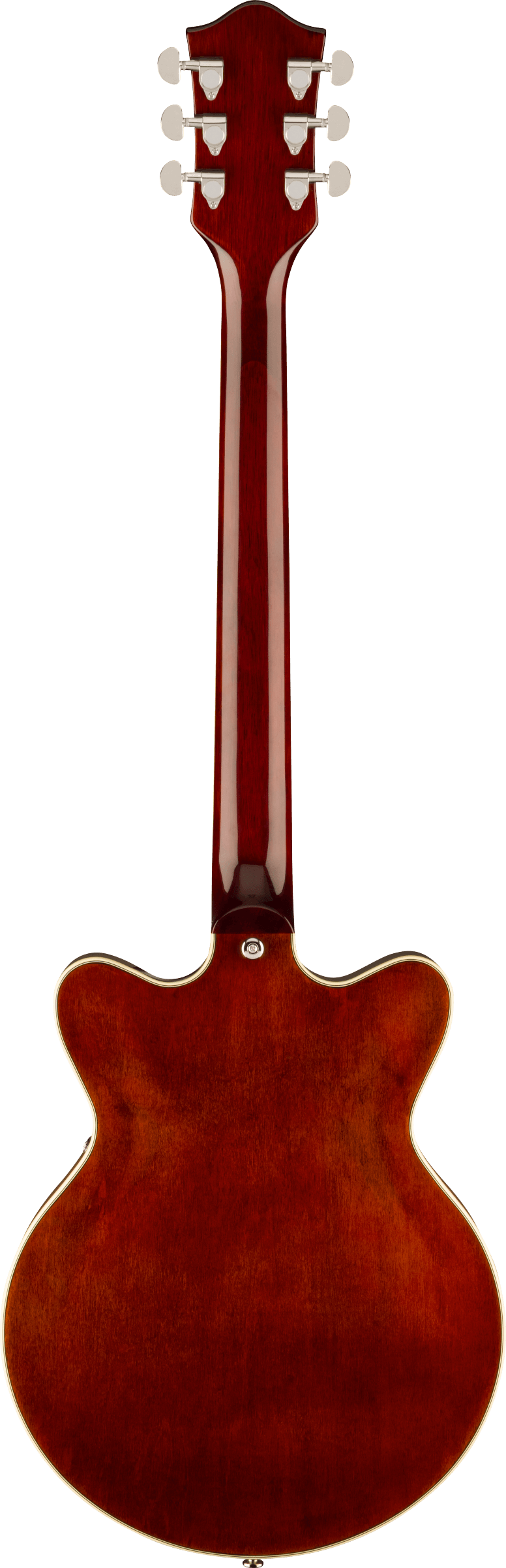 Back view of a semi-hollow electric guitar with a glossy reddish-brown finish, cream binding, and six chrome tuning pegs on the headstock.