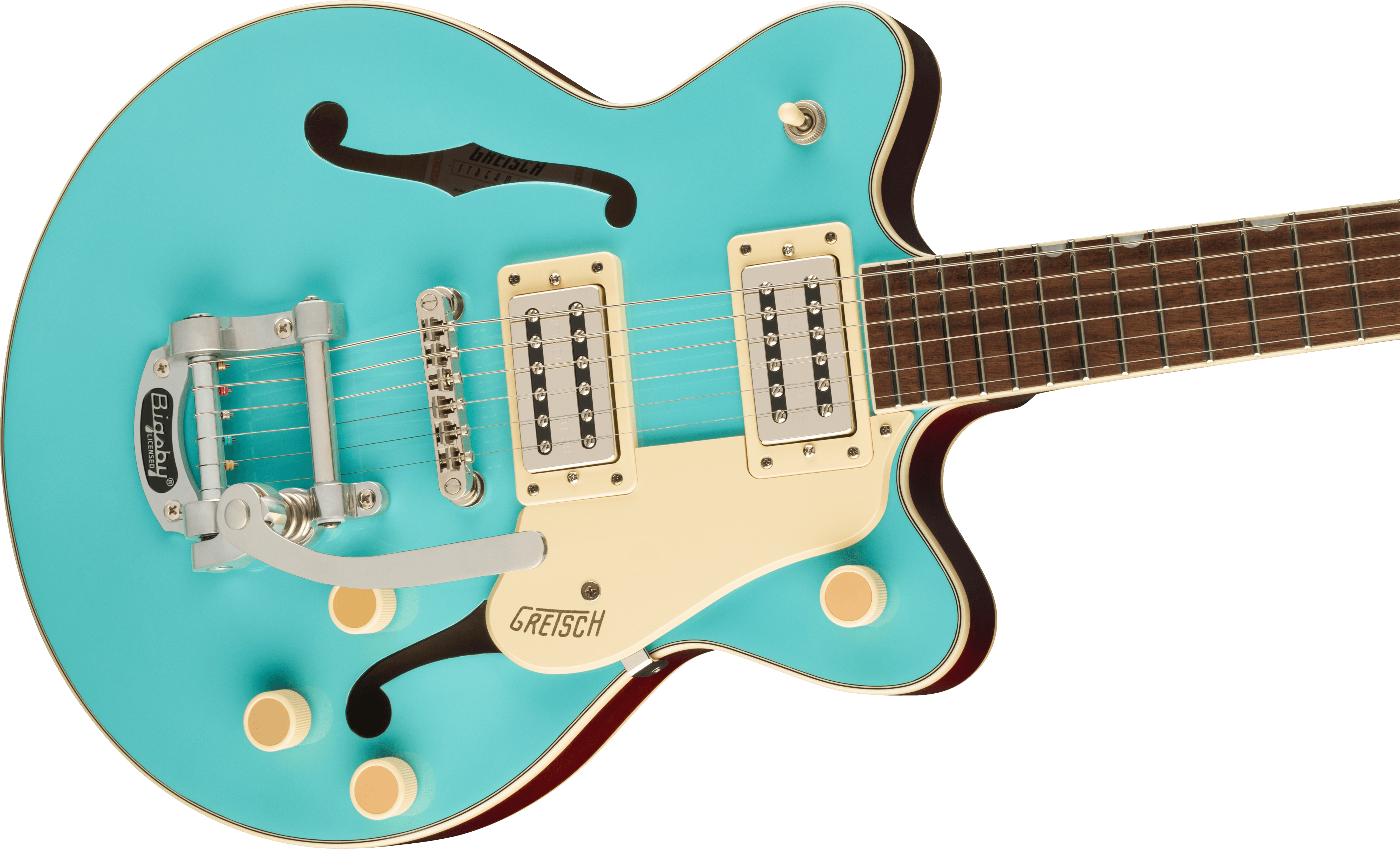 Turquoise semi-hollow electric guitar with cream pickguard, dual pickups, silver Bigsby tremolo, and four cream knobs. F-hole and logo visible.