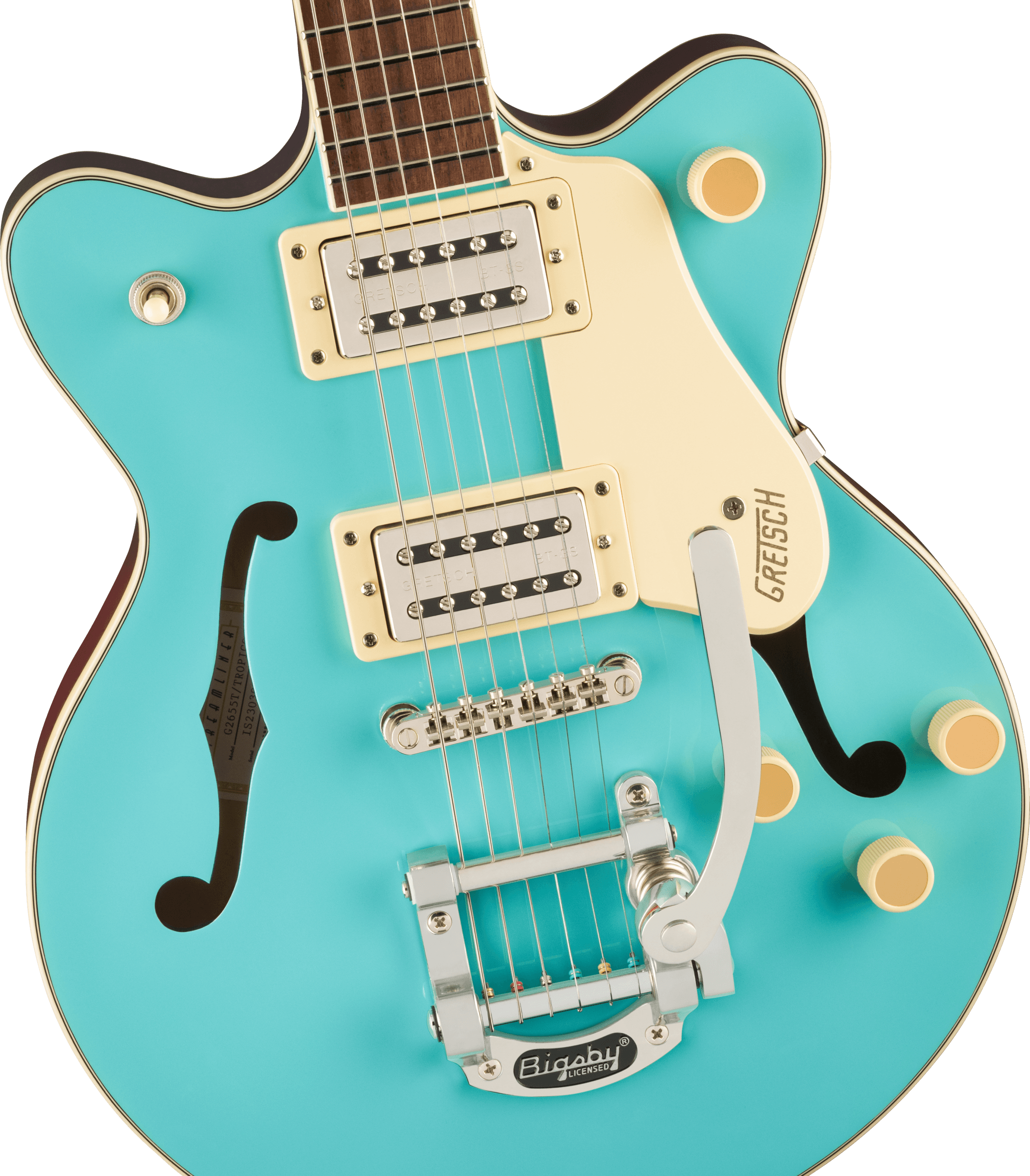 Turquoise electric guitar with cream knobs and pickguard, two chrome pickups, f-shaped sound holes, and a silver Bigsby tremolo arm.