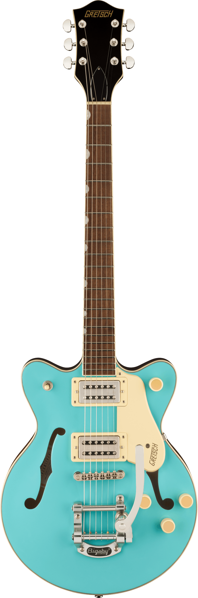 A turquoise Gretsch electric guitar with cream pickguard, twin pickups, semi-hollow body, Bigsby tremolo, and white tuning pegs.