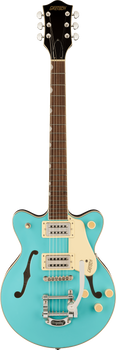 A turquoise Gretsch electric guitar with cream pickguard, twin pickups, semi-hollow body, Bigsby tremolo, and white tuning pegs.