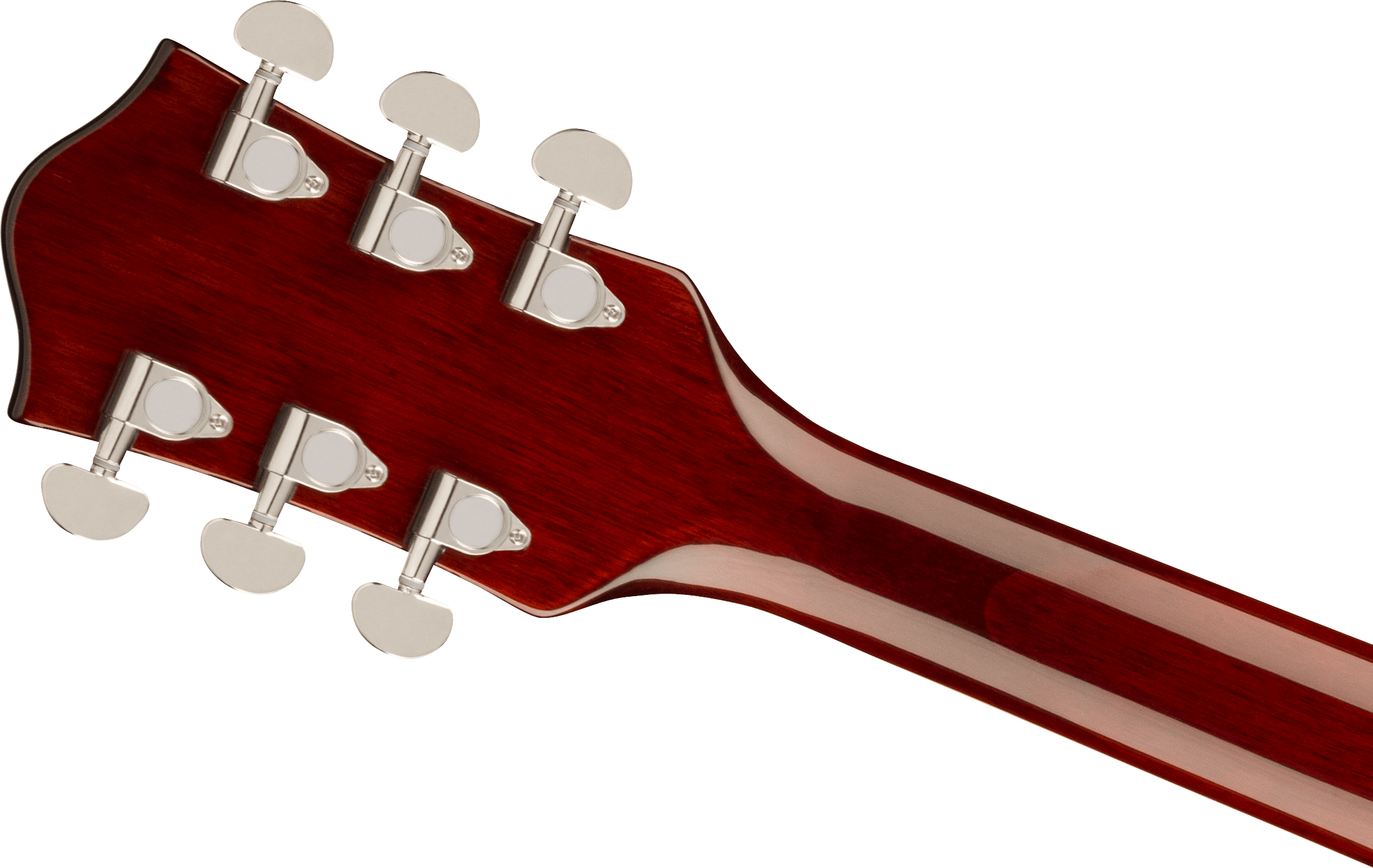 Glossy red electric guitar headstock with six silver tuning pegs, showing the back of the neck with a lighter wood stripe down the center.