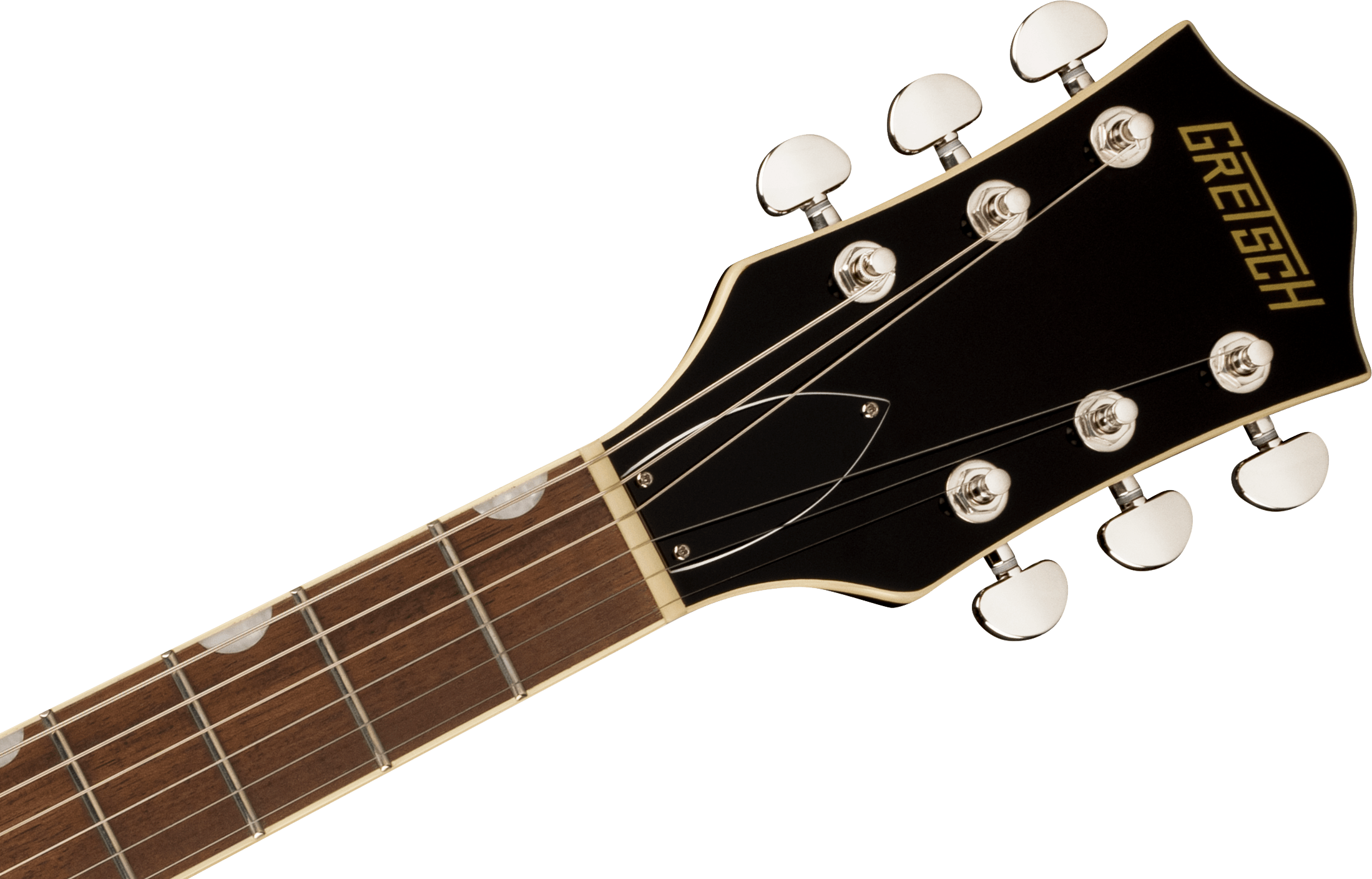 Electric guitar headstock labeled "Gretsch," black with six silver tuning pegs, attached to a rosewood fretboard with circular inlays.