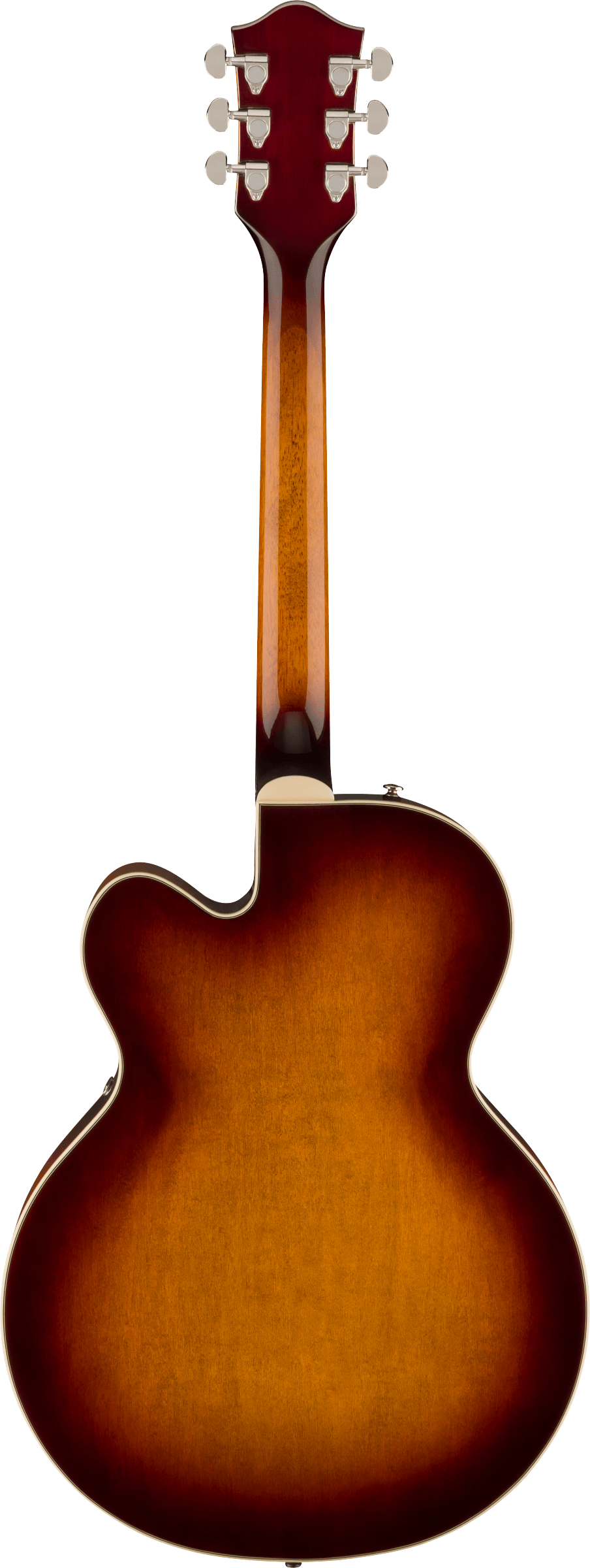 Sunburst-finish electric guitar shown from the back, with six tuning pegs and a single cutaway on its rounded, hollow body.