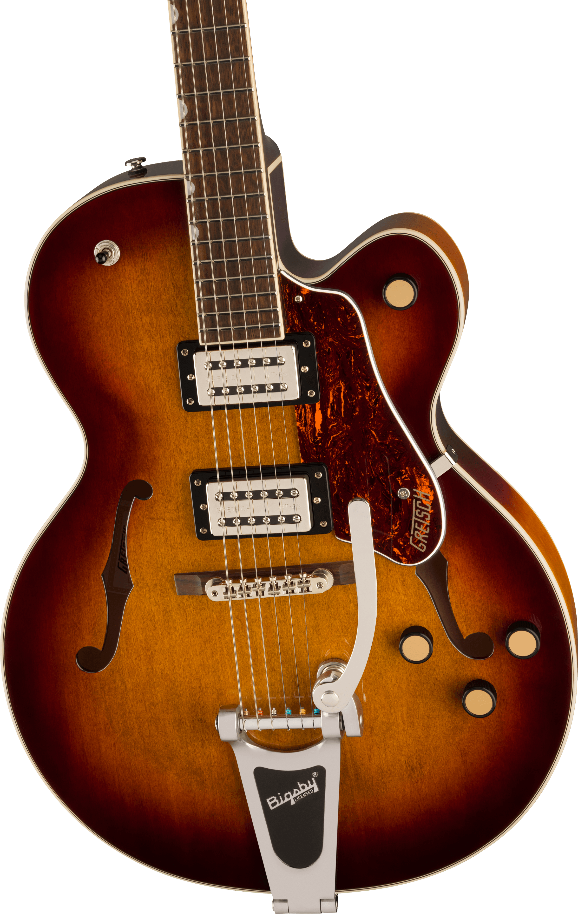 Sunburst semi-hollow electric guitar with two humbucker pickups, a Bigsby vibrato tailpiece, f-holes, and tortoiseshell pickguard.