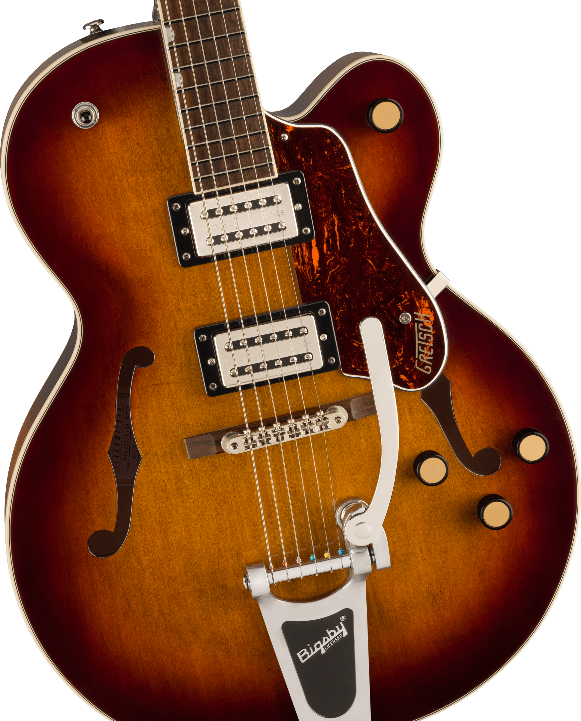 Sunburst-finish electric guitar with two pickups, f-holes, a tortoiseshell pickguard marked "Gretsch," and a silver Bigsby tremolo tailpiece.