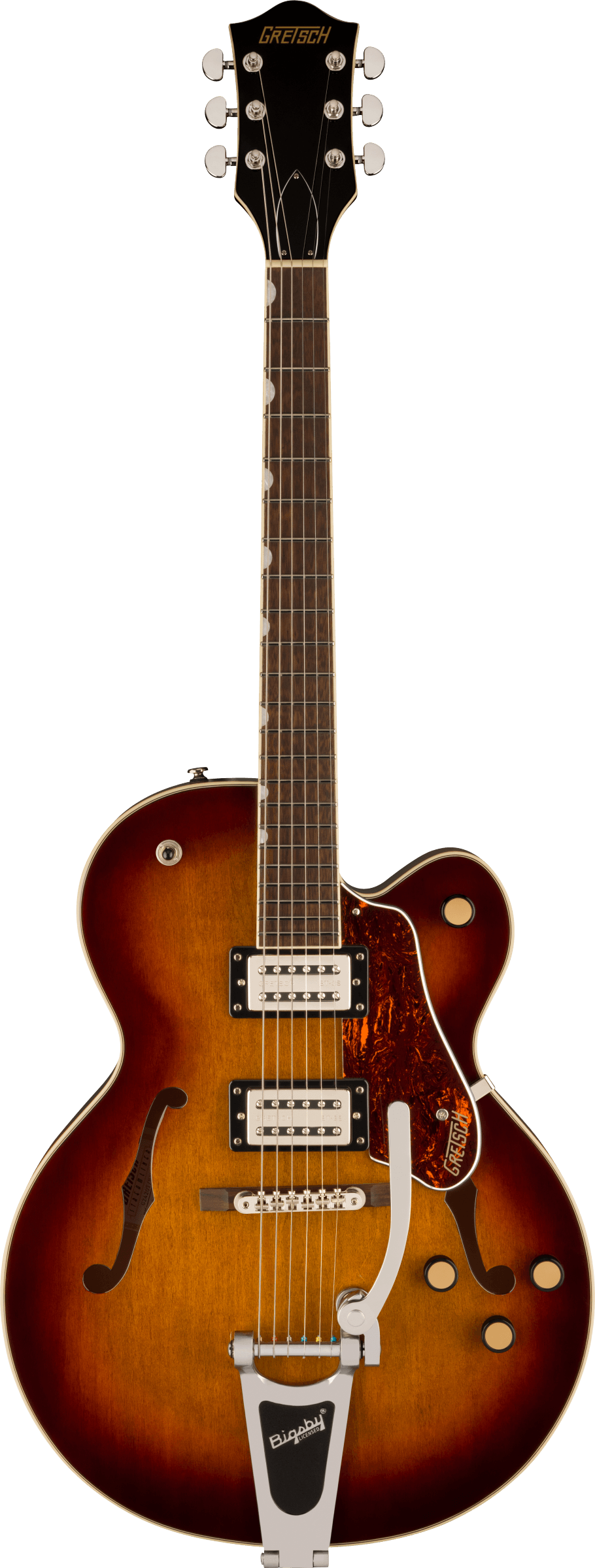 Sunburst-finish hollow body electric guitar with two pickups, tortoiseshell pickguard, f-holes, Bigsby tremolo, and Gretsch branding on the headstock.