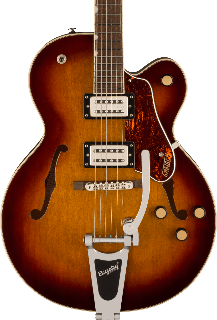 Sunburst-finish electric guitar with two humbucker pickups, Bigsby tremolo, tortoiseshell pickguard, four knobs, and two f-shaped sound holes.