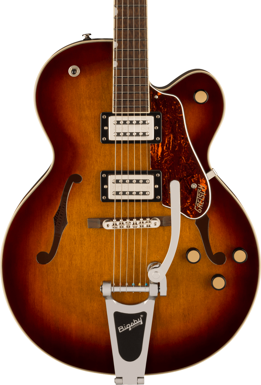 Sunburst-finish electric guitar with two humbucker pickups, Bigsby tremolo, tortoiseshell pickguard, four knobs, and two f-shaped sound holes.