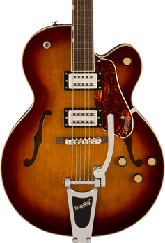 Sunburst-finish electric guitar with two humbucker pickups, Bigsby tremolo, tortoiseshell pickguard, four knobs, and two f-shaped sound holes.