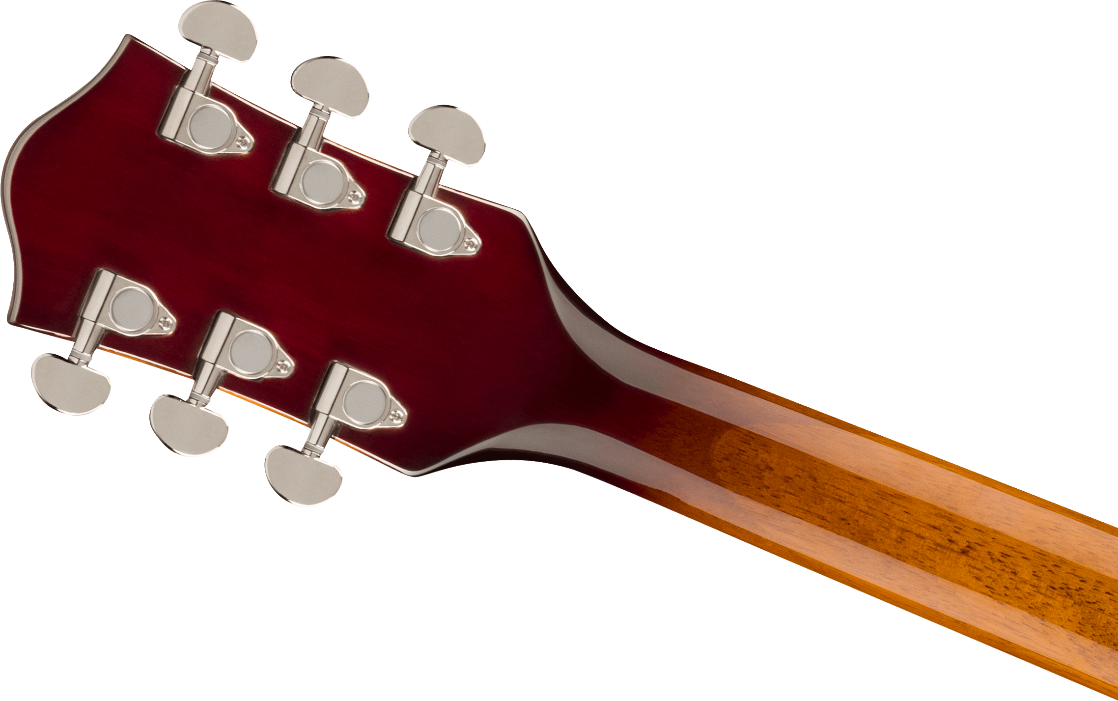 Six silver tuning pegs on a glossy dark red electric guitar headstock, neck features contrasting wood stripes.