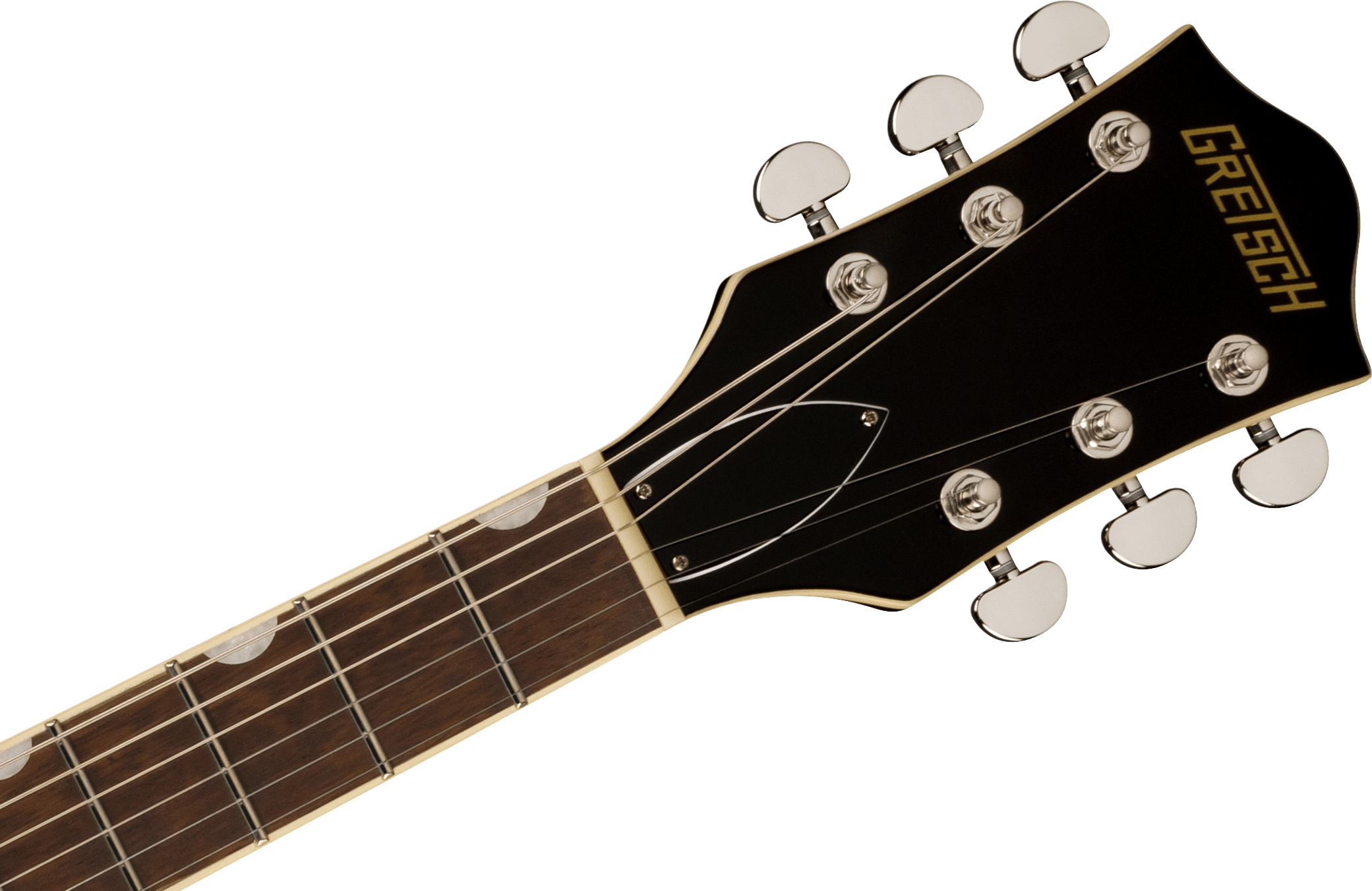 The headstock of a Gretsch electric guitar with six chrome tuning pegs, black finish, and Gretsch logo in gold. Part of the wood fretboard is visible.