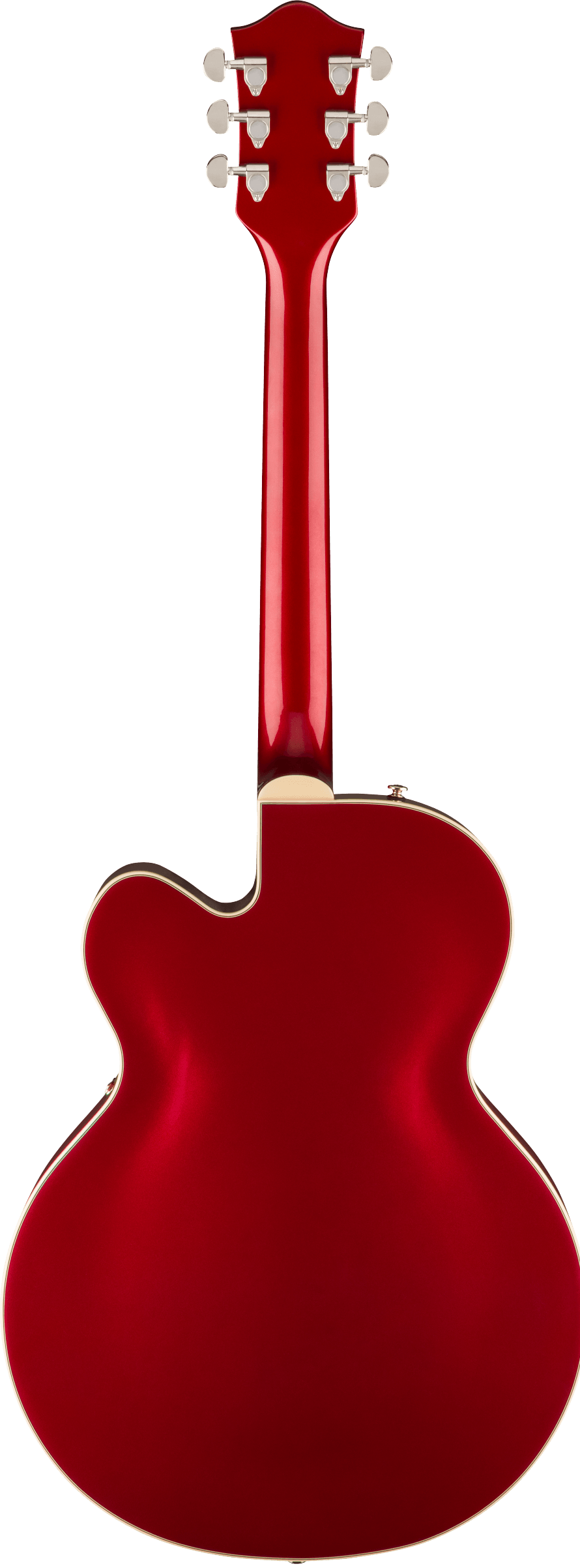 Back of a glossy red electric guitar with a single cutaway body shape and silver tuning pegs on the headstock.