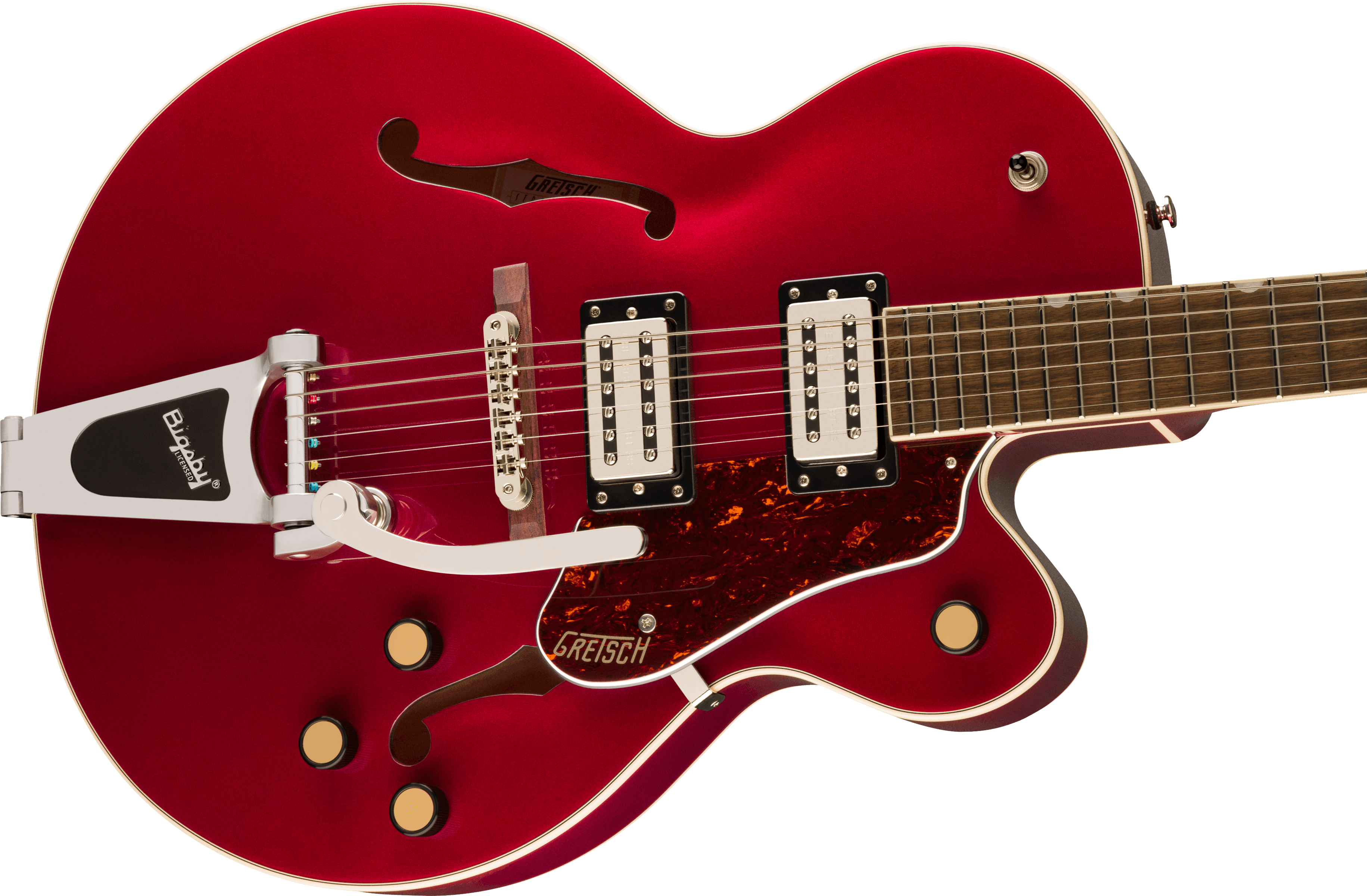 Red hollow-body electric guitar with two pickups, four gold knobs, f-holes, a Bigsby tremolo, and a tortoiseshell pickguard marked Gretsch.