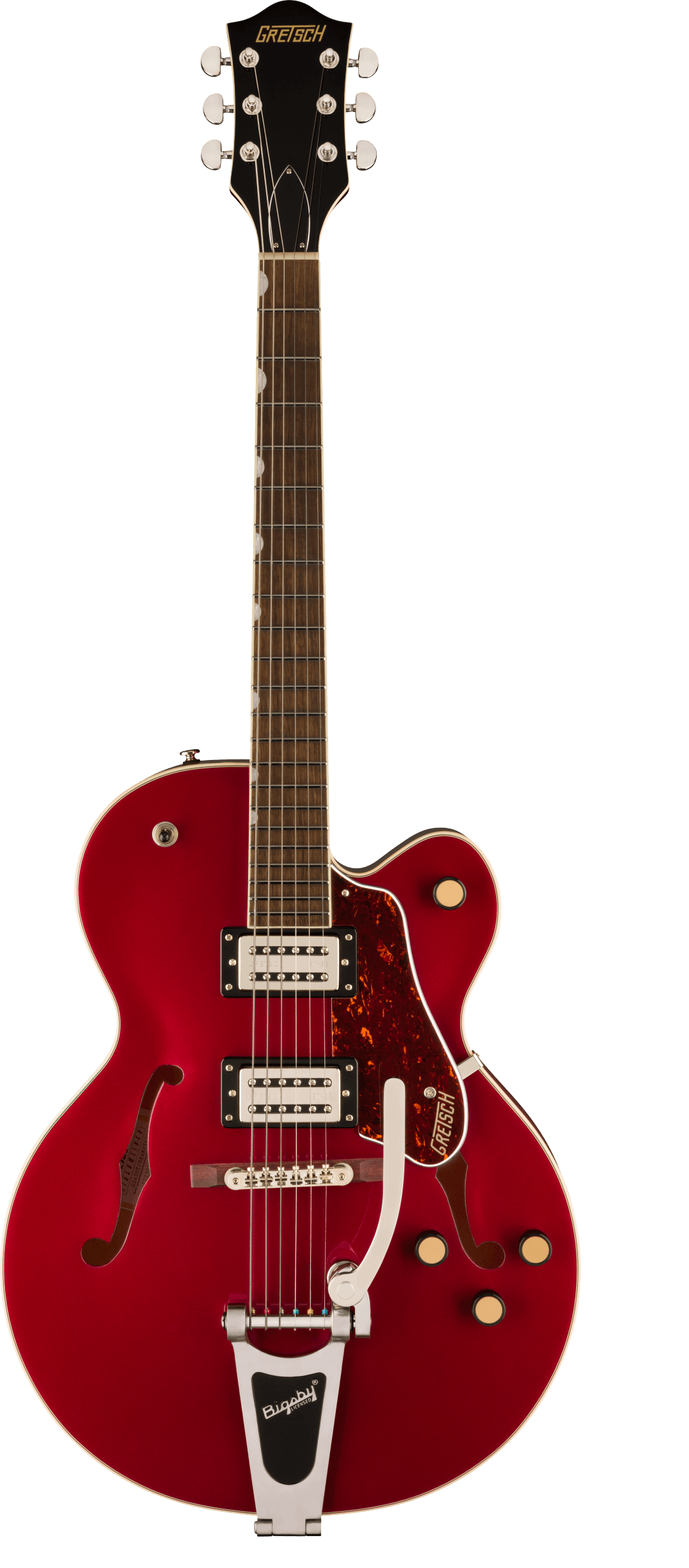 Red Gretsch electric guitar with a semi-hollow body, two humbucker pickups, Bigsby vibrato tailpiece, and gold control knobs.