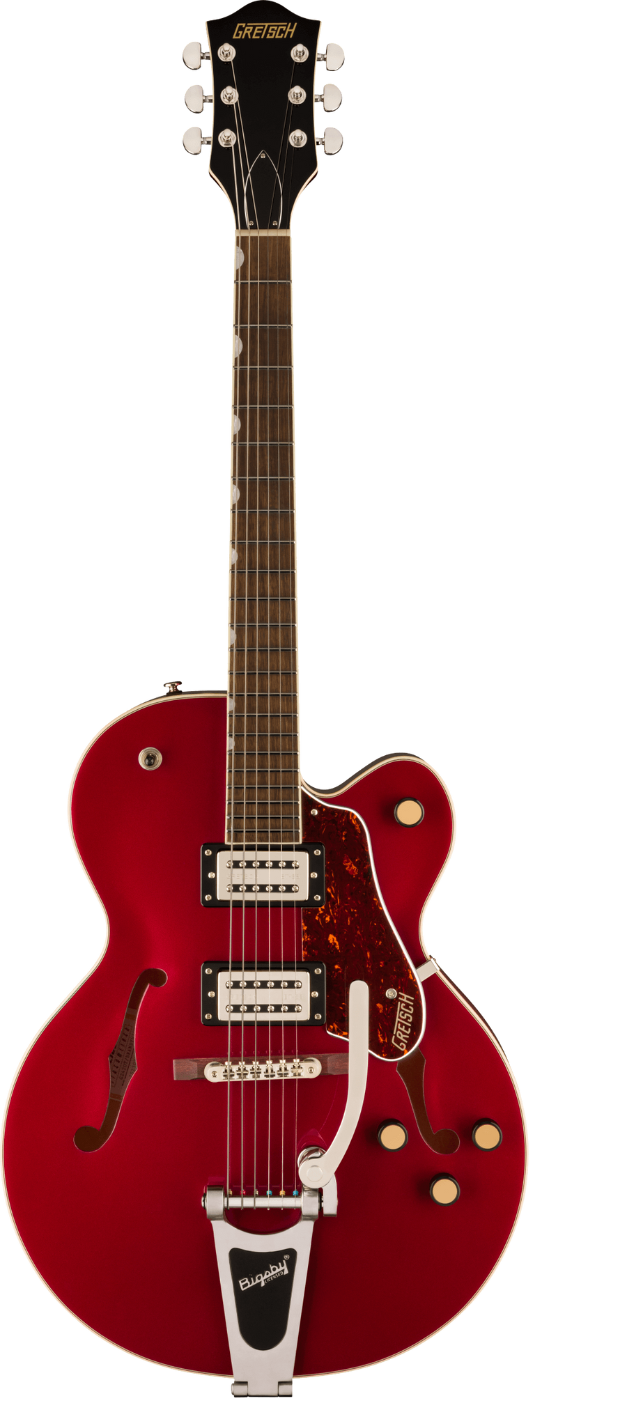 Red Gretsch electric guitar with a semi-hollow body, two humbucker pickups, Bigsby vibrato tailpiece, and gold control knobs.