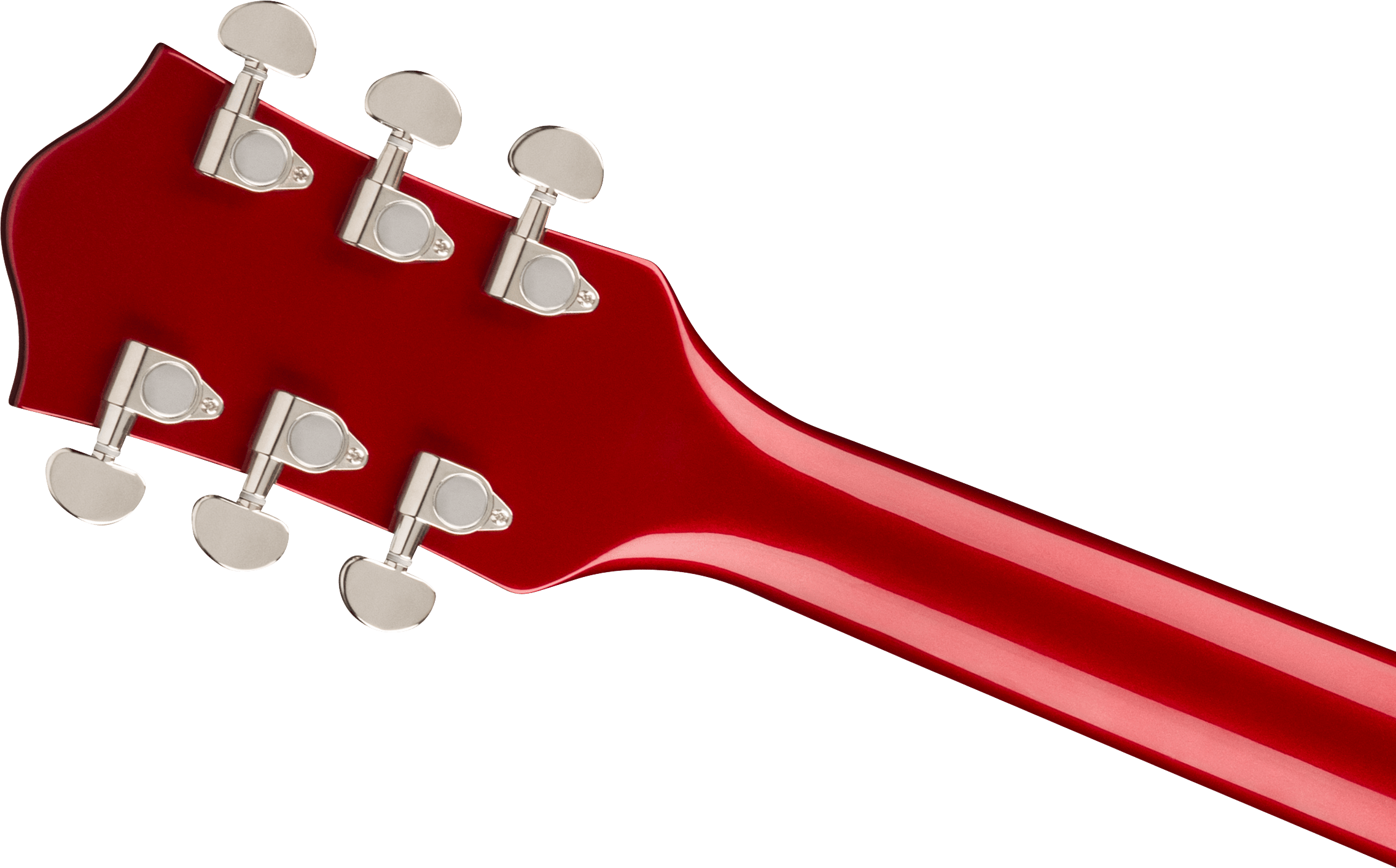 Glossy red electric guitar headstock and neck with six silver tuning pegs, three on each side.