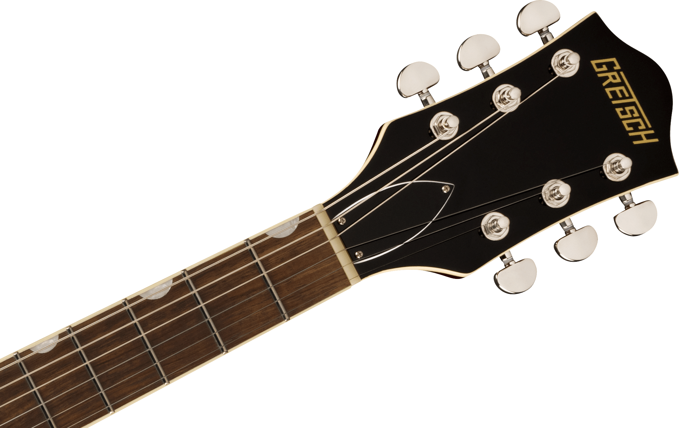 The headstock of a Gretsch electric guitar with six chrome tuning pegs, black finish, and gold Gretsch logo above the fretboard.