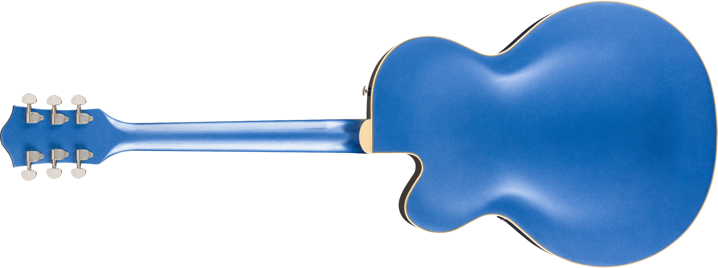 Back view of a blue electric guitar with a glossy finish, double cutaway body, and six silver tuning pegs on the headstock.