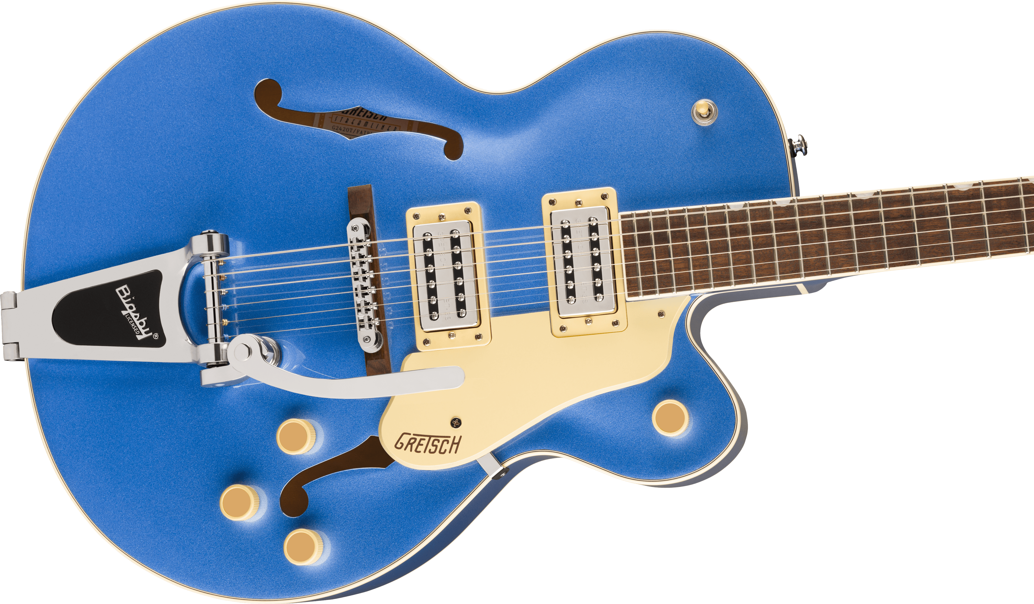 Blue electric guitar with a hollow body, cream pickguard, gold control knobs, two chrome pickups, f-holes, and a silver Bigsby tremolo arm.