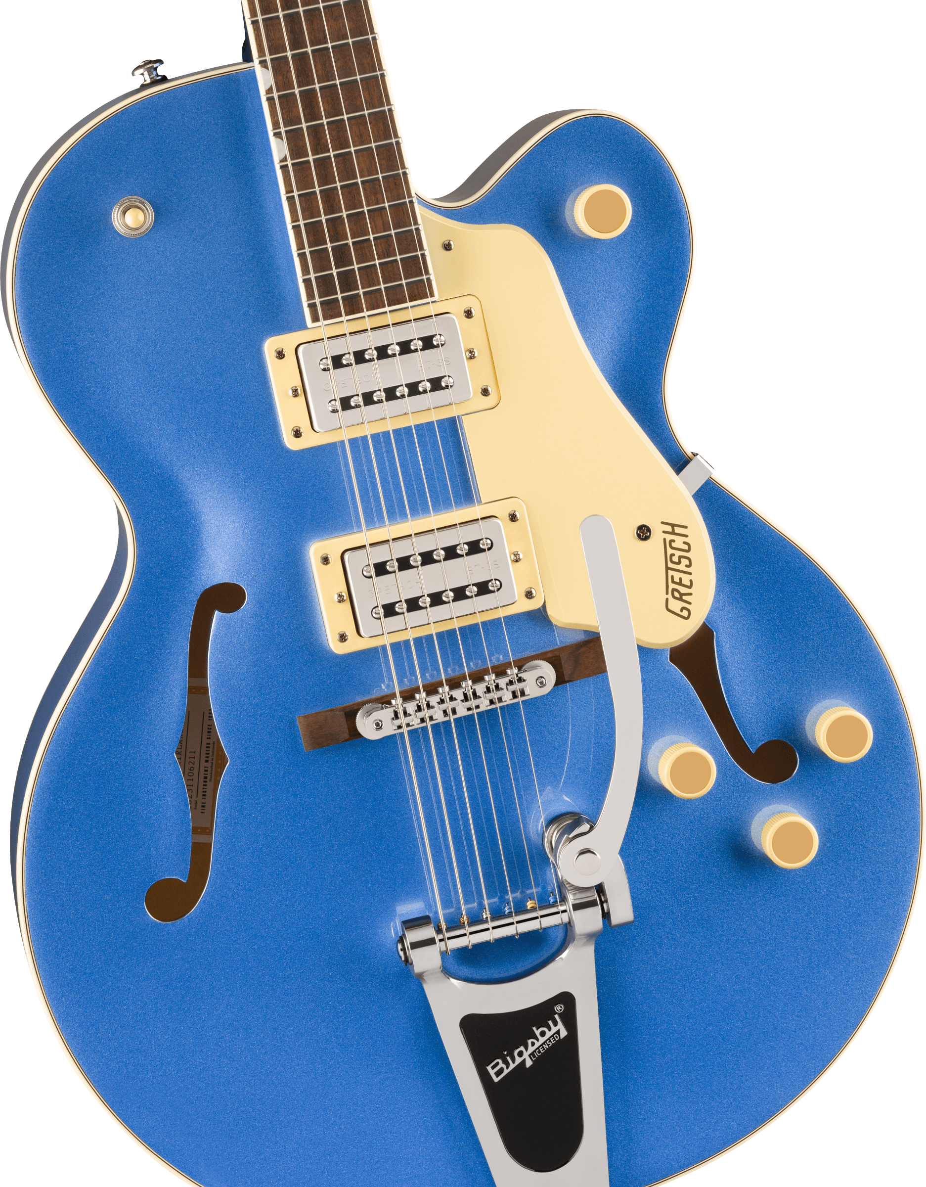Blue electric guitar with cream pickguard, silver pickups, Bigsby tremolo arm, f-holes, and four cream control knobs. Hollow body design.
