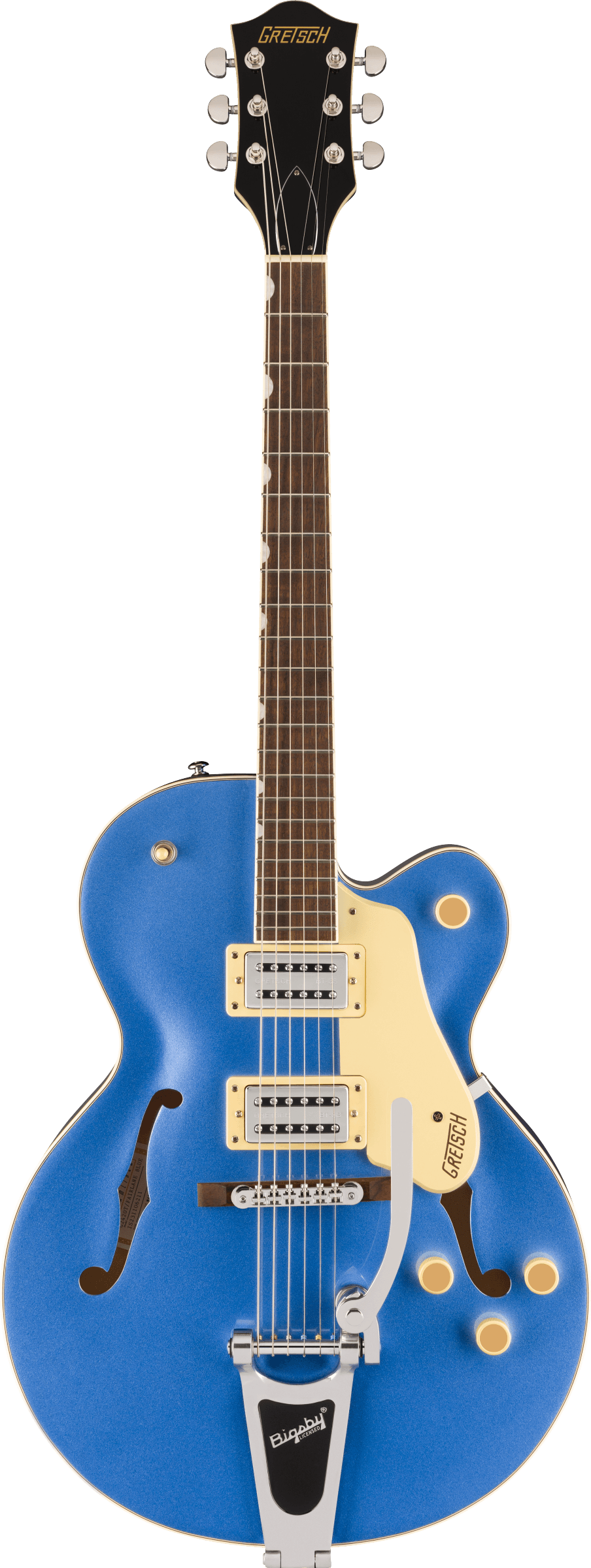 Gretsch electric guitar in metallic blue with f-holes, two silver humbucker pickups, cream pickguard, and a Bigsby tremolo bridge.