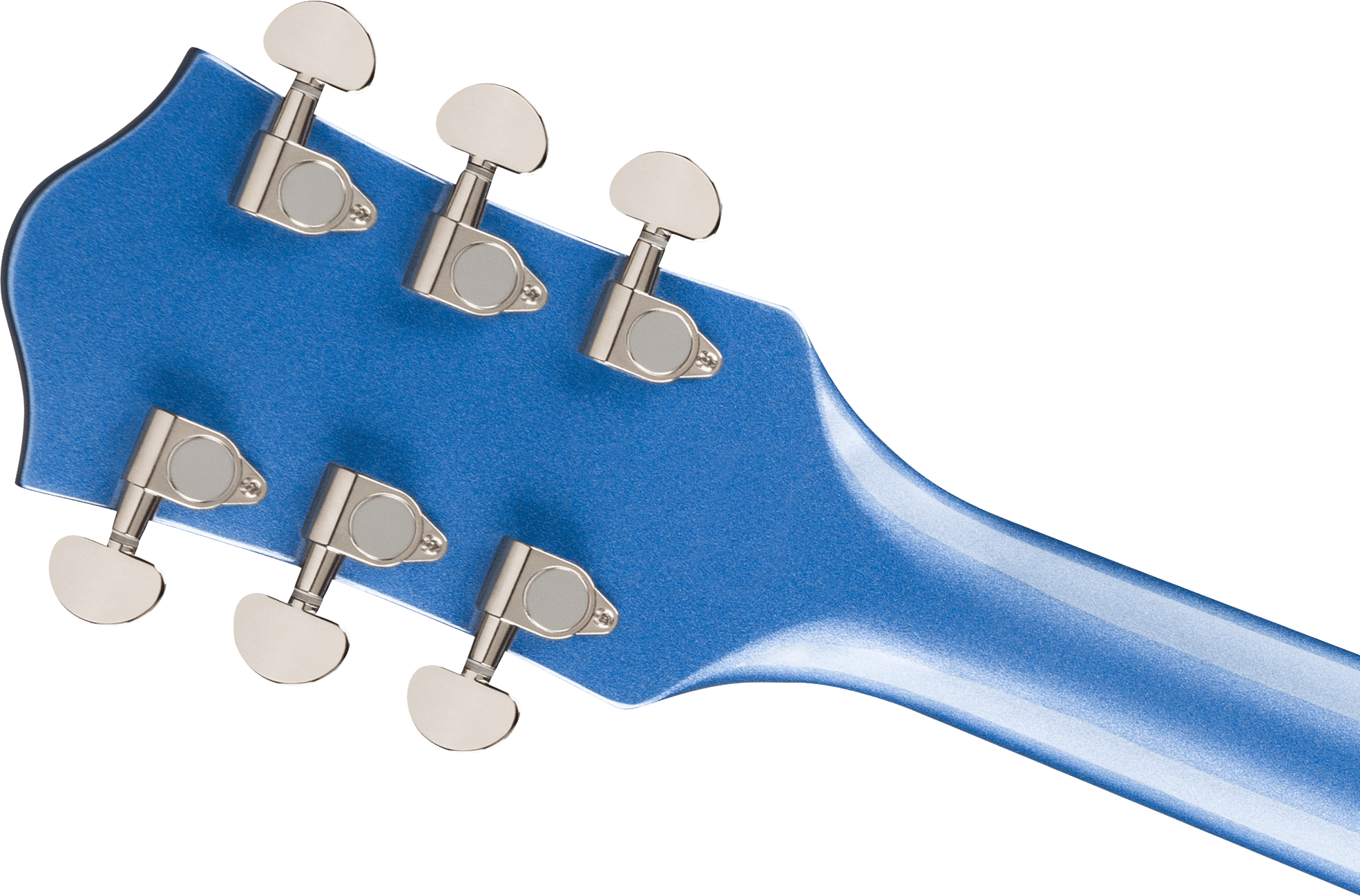 Six chrome tuning pegs on a metallic blue electric guitar headstock and neck, viewed from the back.