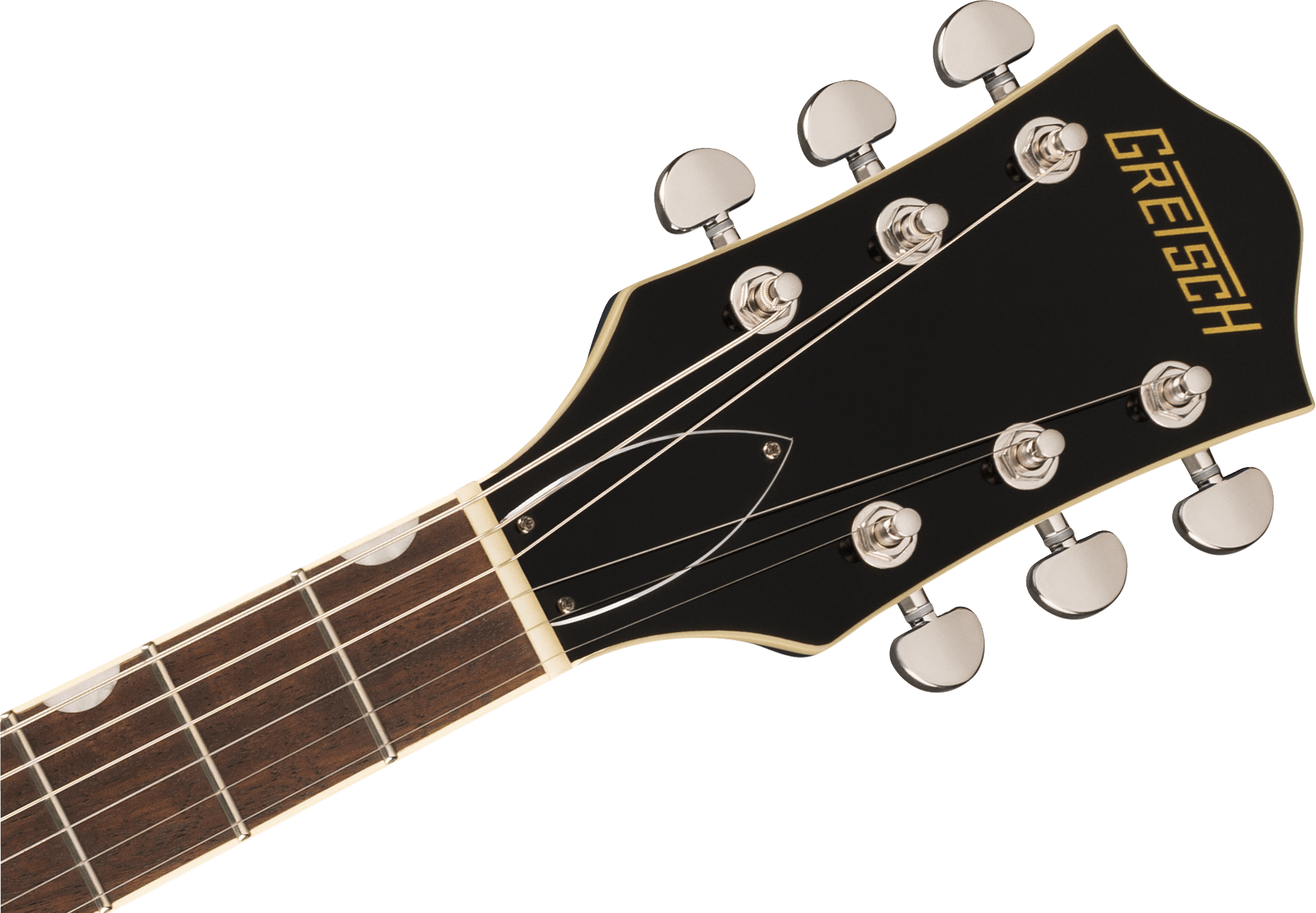 Six-string electric guitar headstock, black with gold Gretsch logo, silver tuning pegs, and dark wood fretboard with pearl inlays.