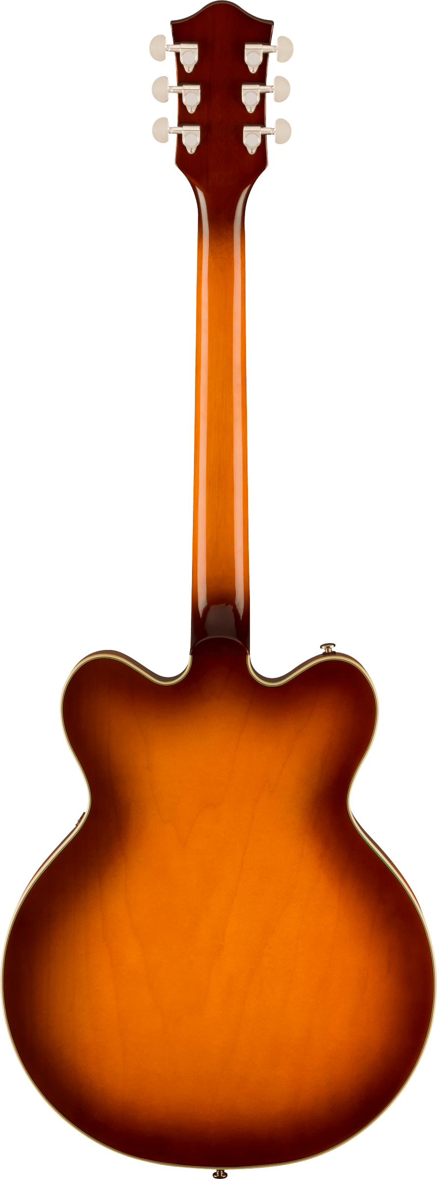Sunburst-finish electric guitar shown from the back, featuring a double-cutaway body and six tuning pegs.
