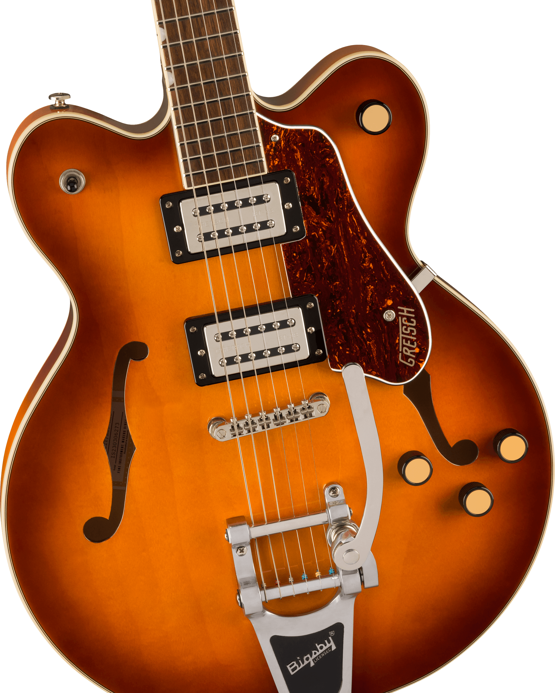 Sunburst electric guitar with two humbucker pickups, a Bigsby tremolo, f-holes, four knobs, and a tortoiseshell pickguard.