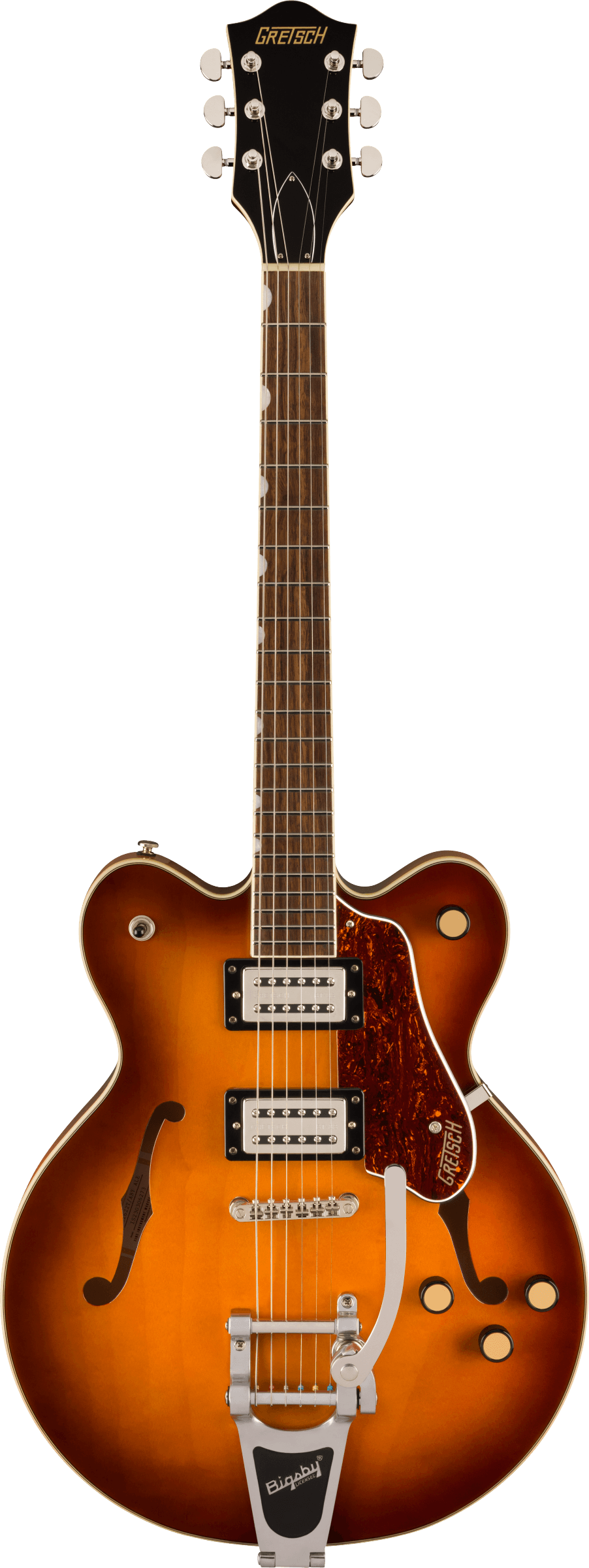 Gretsch electric guitar with a sunburst finish, two humbucker pickups, Bigsby tremolo, and classic f-shaped sound holes on the body.