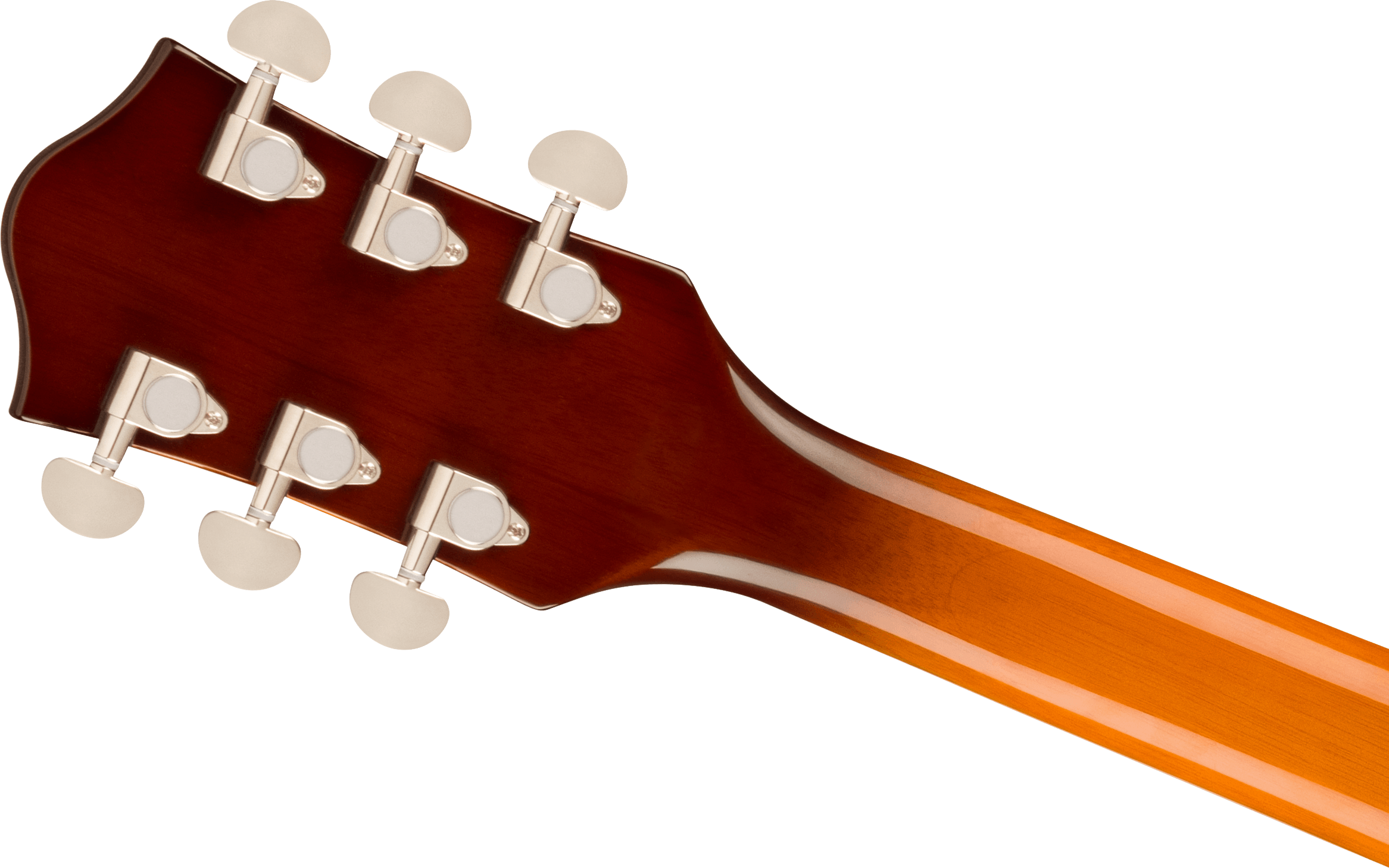 Back of an electric guitar's headstock and neck showing six silver tuning pegs on a glossy brown wood finish.