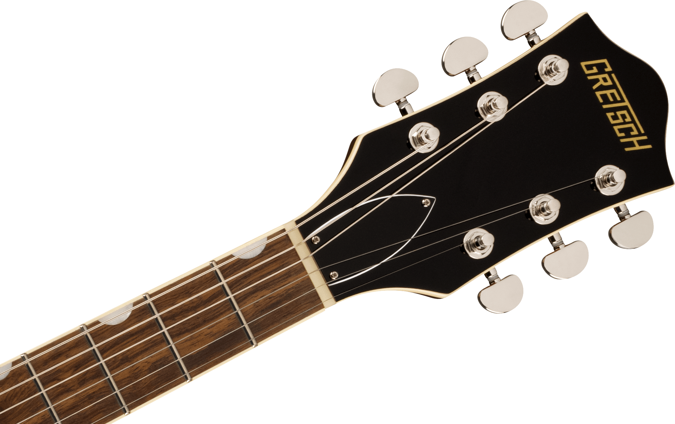 Headstock and upper neck of a Gretsch electric guitar with six silver tuning pegs, dark wood fretboard, and white inlays.