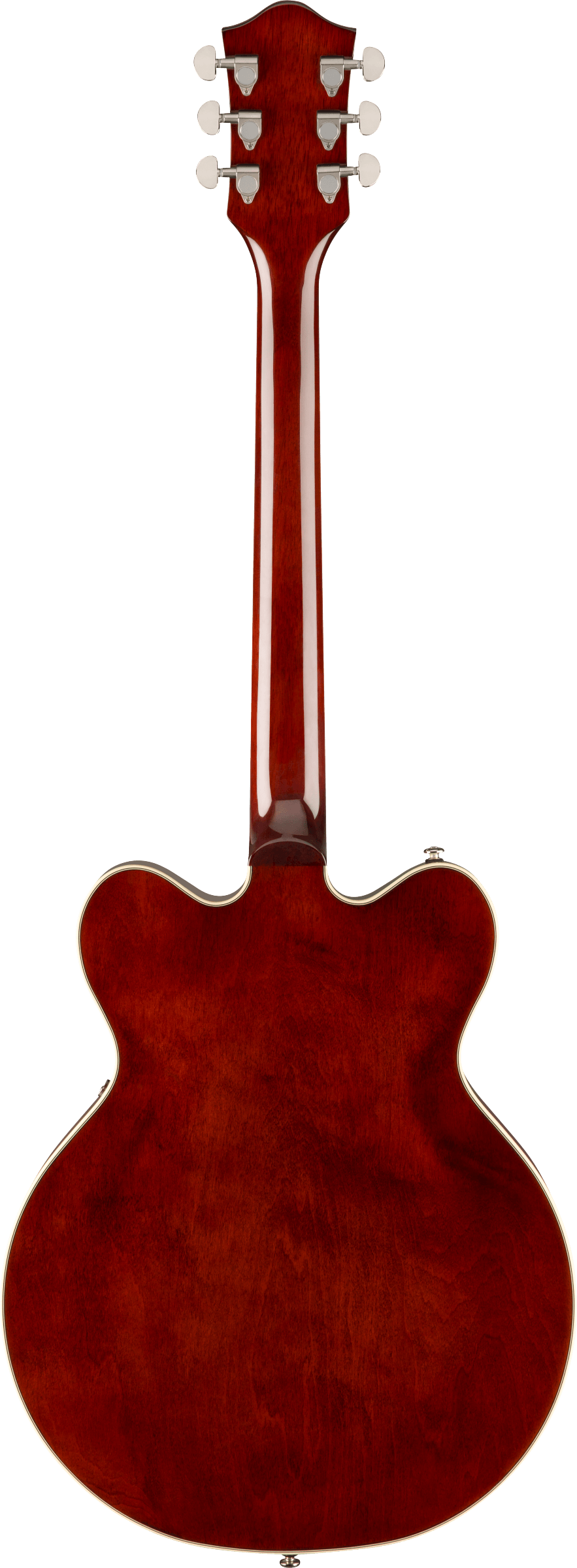 Rich reddish-brown semi-hollow electric guitar shown from the back, cream binding outlines the body and neck, six chrome tuning pegs on the headstock.